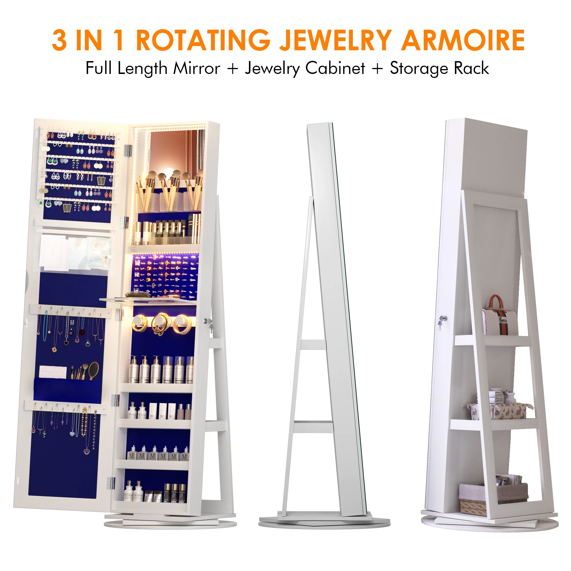 LVSOMT Roterende smykkeskrin med LED-lys og spejl i fuld længde: Stilfuld 360° opbevaring