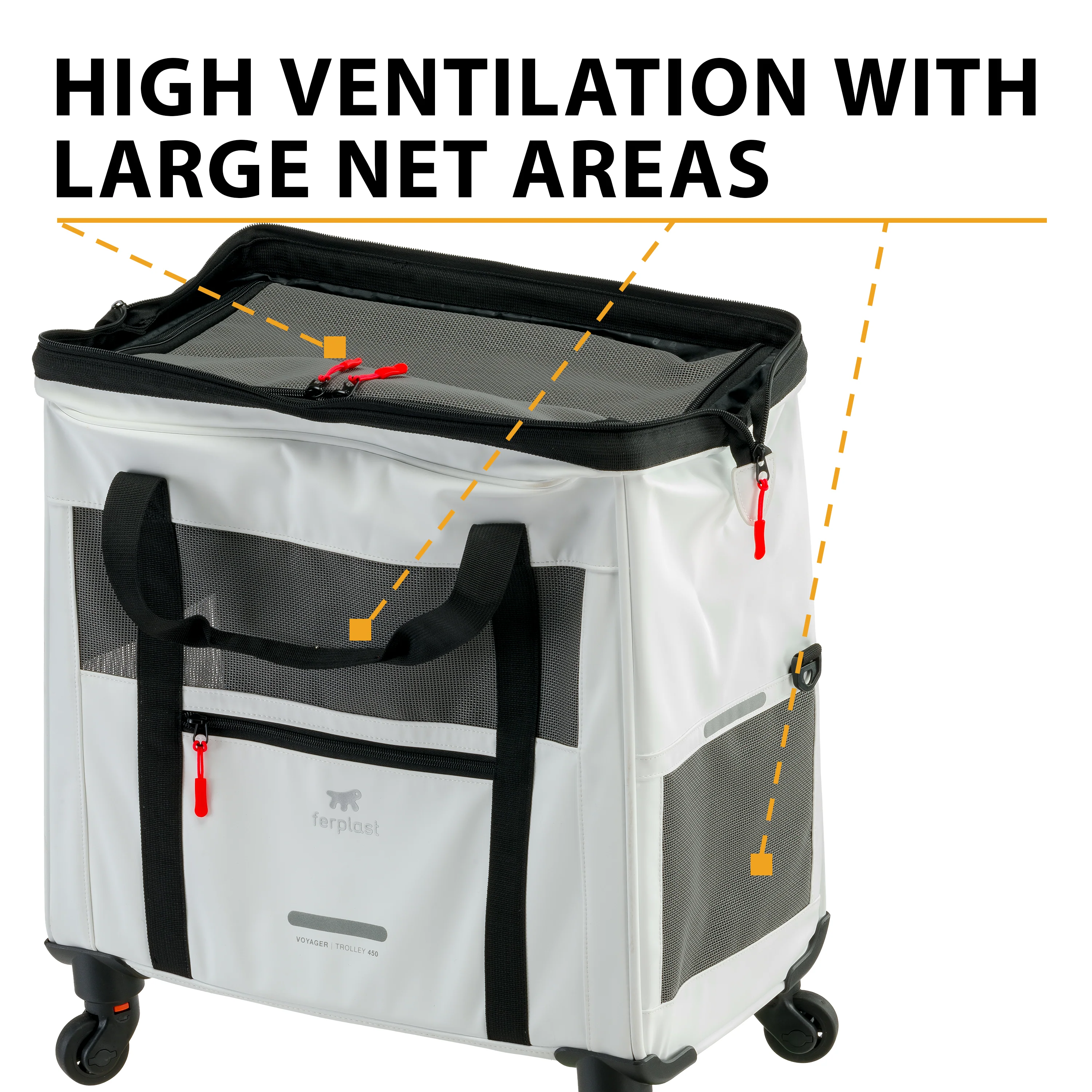 2025 Voyager Trolley von Ferplast – Stilvoller und leichter Trolley aus Kunstleder für Katzen und kleine Hunde bis 15 kg. Mit Rädern, Netzfenstern und Sicherheitsgurt – ideal für komfortables Reisen.