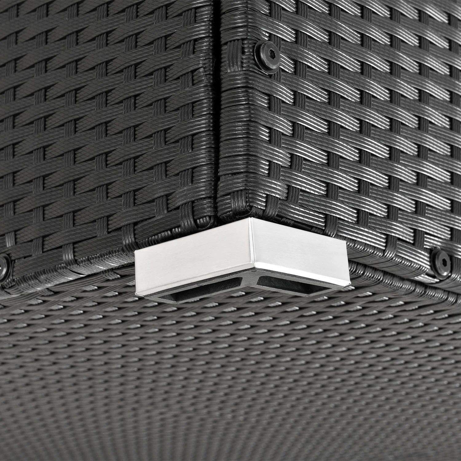 Coffre de rangement de jardin Ikaria 2025 en résine tissée – 950 L avec couvercle et doublure intérieure pour coussins