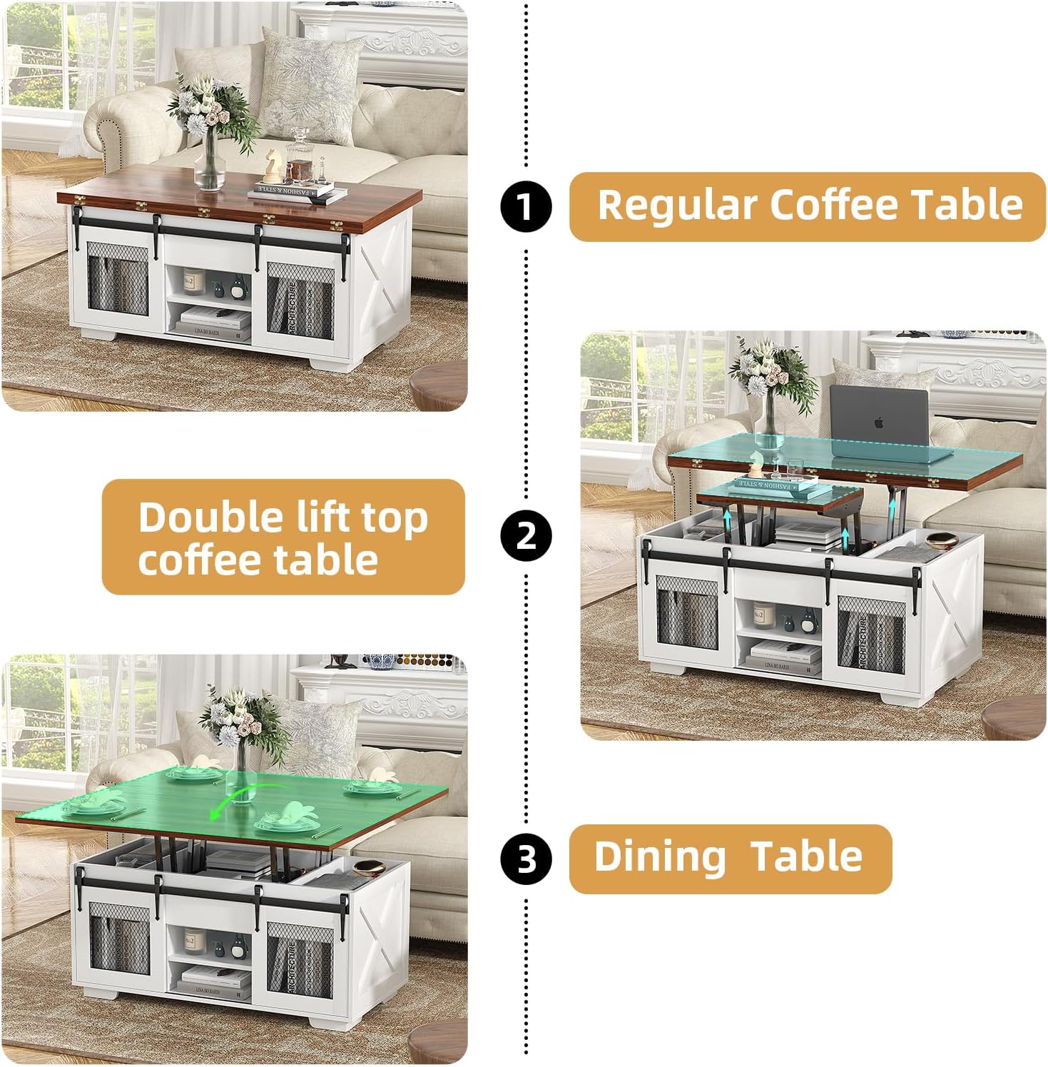 Table basse extensible VOWNER, plateau relevable, multifonctionnelle 3 en 1 avec rangement dissimulé - Salle à manger, convertible, style ferme, noyer
