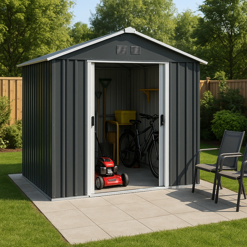 Abri de jardin en acier gris pour outils d