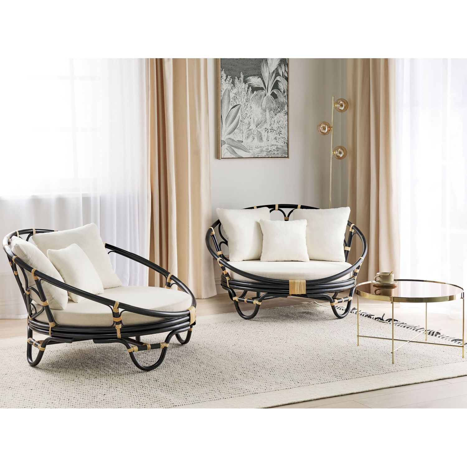 Ensemble de 2 chaises longues d'extérieur en rotin beige et noir avec coussins Rossano - Noir