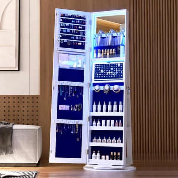 LVSOMT Roterende smykkeskrin med LED-lys og spejl i fuld længde: Stilfuld 360° opbevaring