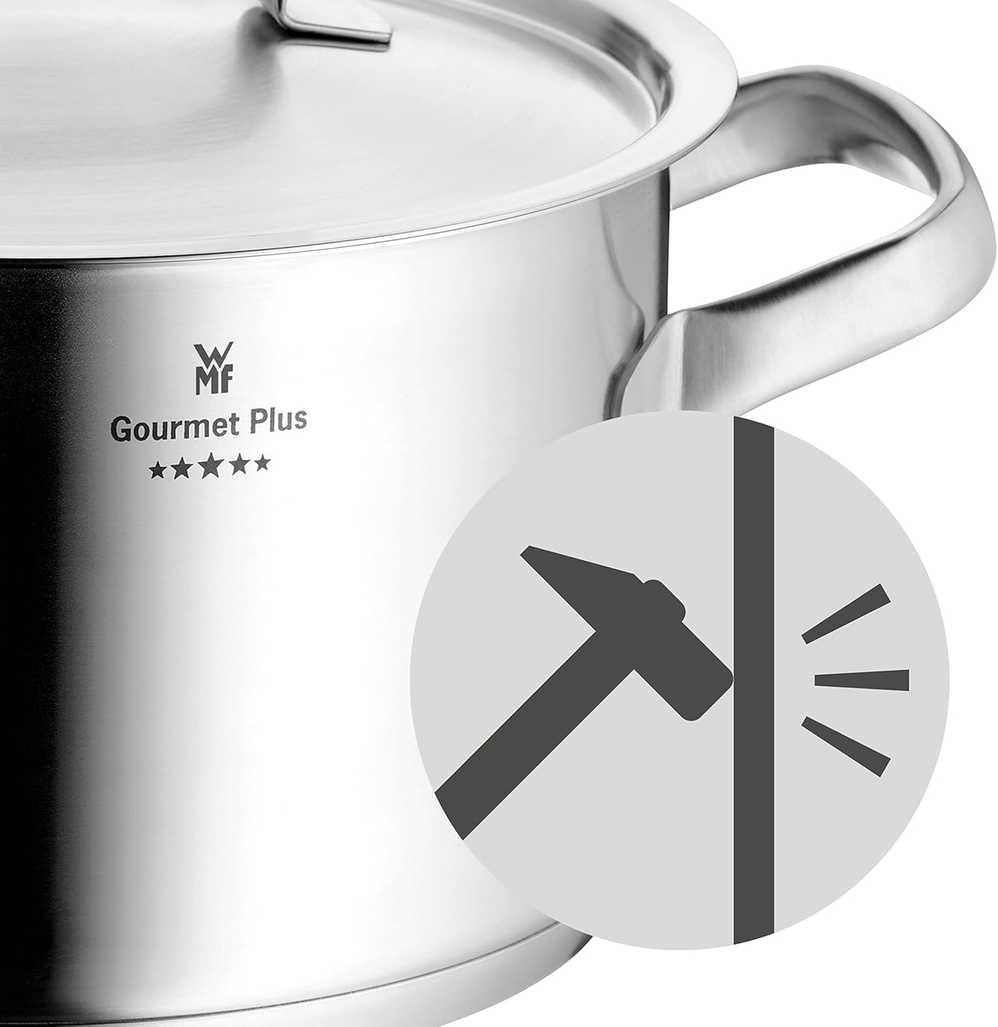 WMF Gourmet Plus - 5-teiliges Kochgeschirr-Set, Edelstahl, induktionsgeeignet, 1 flacher Bräter (20 cm), 3 hohe Bräter (16 cm, 20 cm und 24 cm), 1 Stielkasserolle (16 cm) mit 4 Edelstahldeckeln