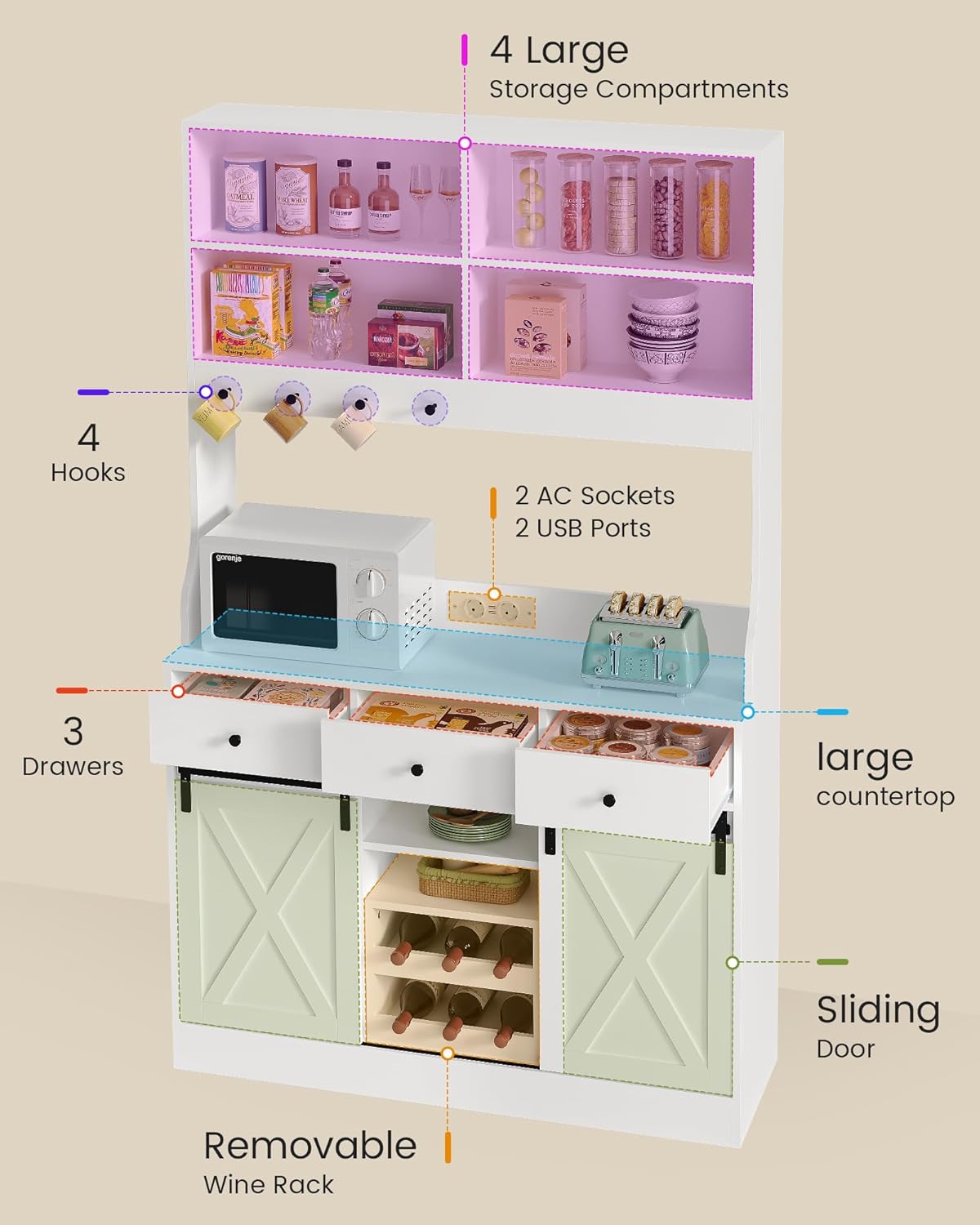 Küchenschrank, Küchen-Sideboard mit LED-Beleuchtung, Steckdosen, Buffet-Schrank, ausziehbarem Weinregal, 3 Schubladen, verstellbaren Einlegeböden, Küche, Wohnzimmer, Esszimmer, 103,5 x 40 x 180 cm, Schwarz