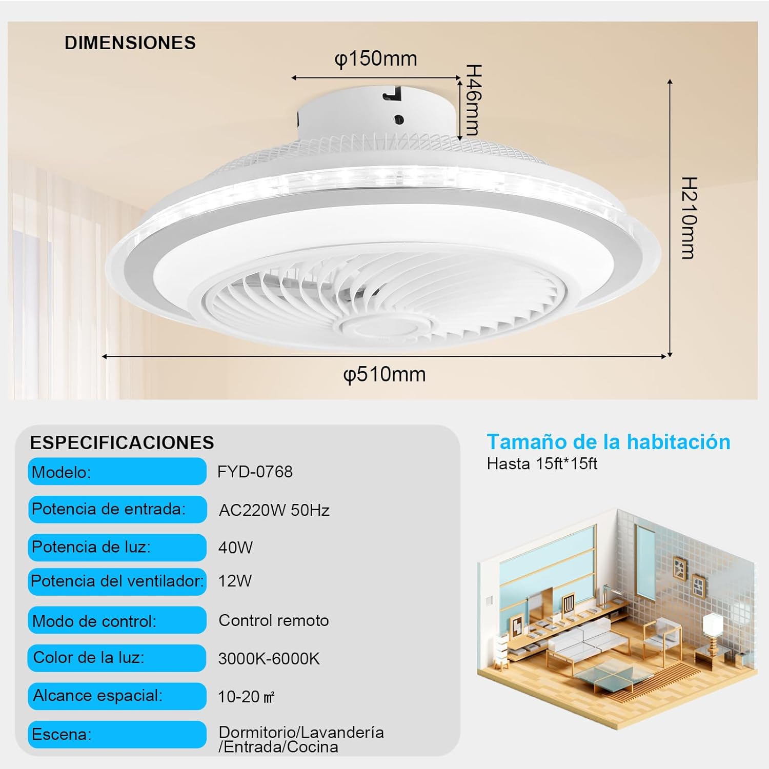 Oxylops – Ventilateur de plafond avec éclairage LED, 5 pales, puissance 40 W, moteur 12 W CC, 6 vitesses, 3 tonalités lumineuses, silencieux, idéal pour chambre, salon, bureau ou cuisine