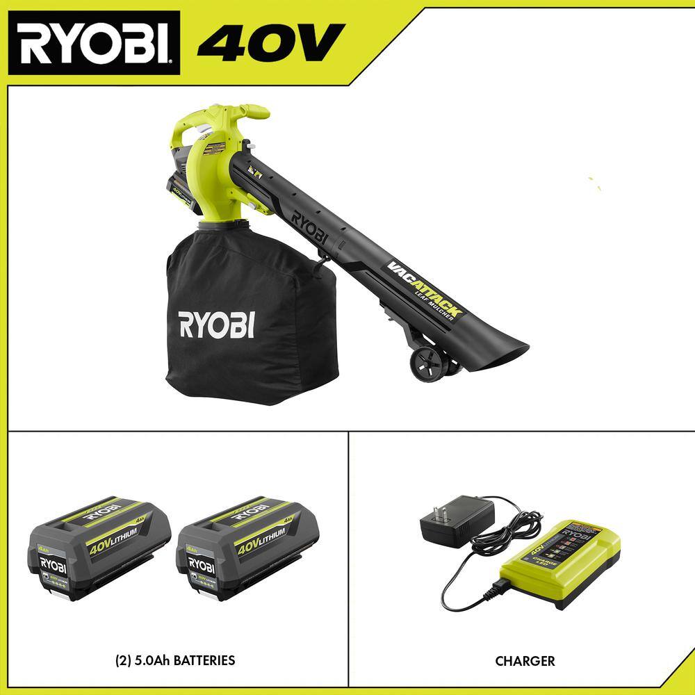 2025 RYOBI Aspirateur-souffleur sans fil 40V Vac Attack aveRYOBI Trådløs Støvsuger-Souffler 40V Vac Attack med makuleringsfunktion. (2) 5,0 Ah batterier og oplader - Model c Fonction Broyeur. (2) Batterier 5,0 Ah og oplader - Model RY40451-2B