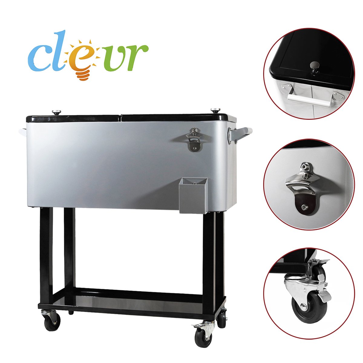 Rollbarer Kühlwagen (80 Liter) für Terrasse und Partys (Modelljahr 2025). Grau. Tragbarer Getränkewagen mit Ablage, Halterung und Dosenöffner.