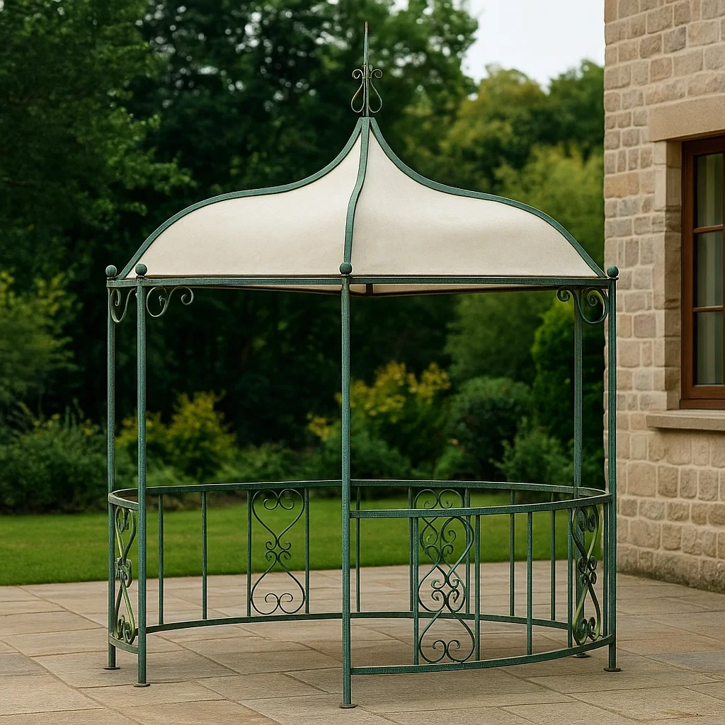 Pergola de jardin en métal avec toit en tissu beige, structure verte, diamètre 300 x 250 cm - 0hbvVD5HXzI1