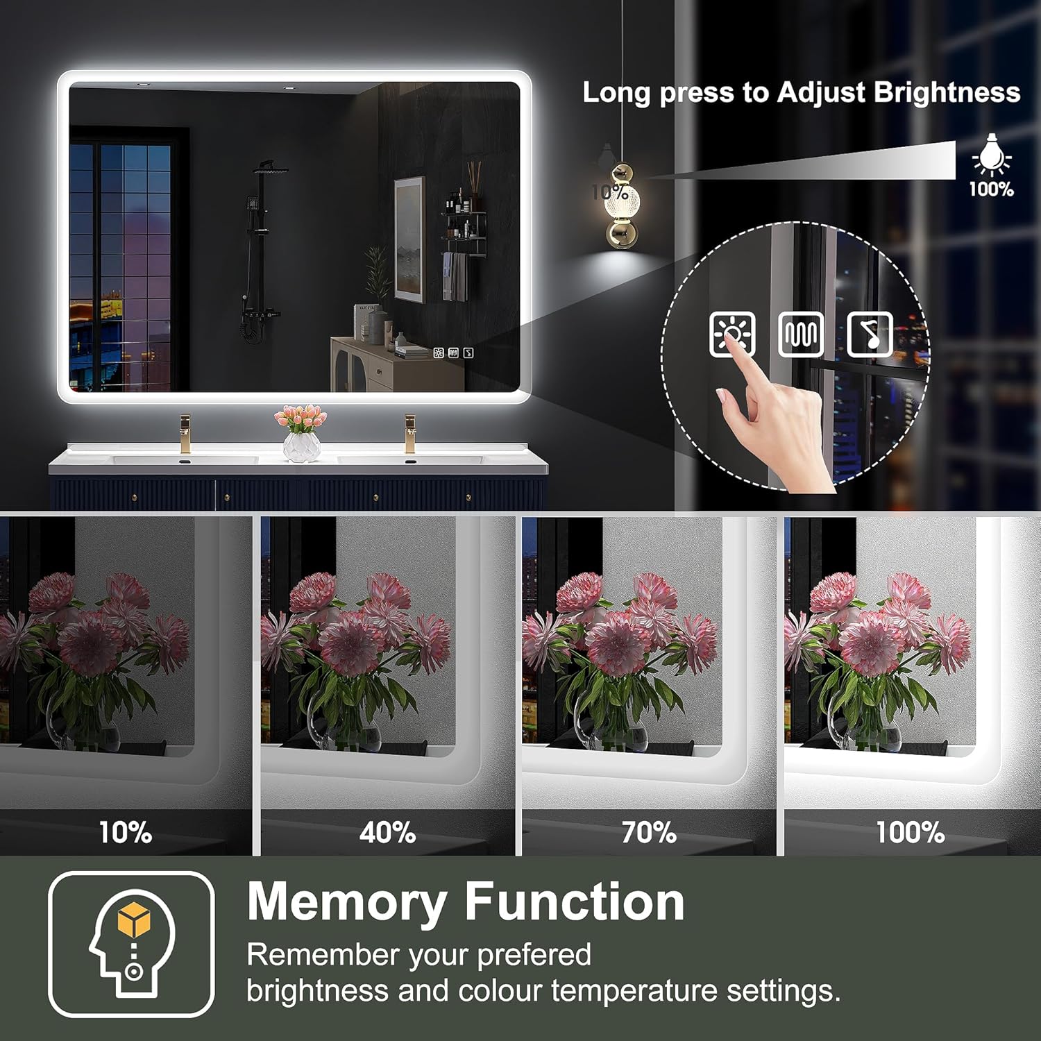 S'bagno badeværelsesspejl med lys 1200x700mm, IP44 - badeværelsesspejl med LED og Bluetooth, antidugfunktion / 3 lysfarver (3000K, 4000K, 6500K) / Dæmpbar / Memory, lodrette eller vandrette badeværelsesspejle med LED