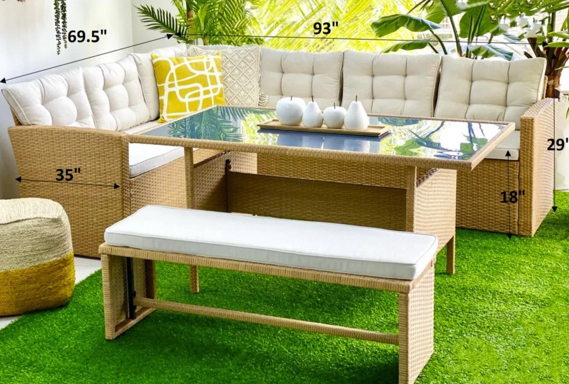 Jasmel Outdoor-Rattan-Chaiselongue und Esstisch mit Bank