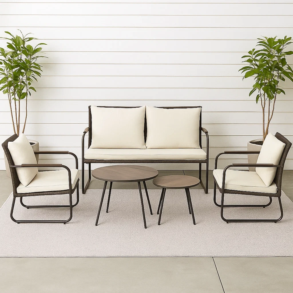 Ensemble de salon de jardin 5 pièces avec structure en métal et assises en rotin, coloris marron, coussins couleur crème ; comprend une table ronde (60 x 45 cm de diamètre), deux chaises (60 x 60 x 80 cm), un canapé (120 x 60 x 80 cm) et une table d'