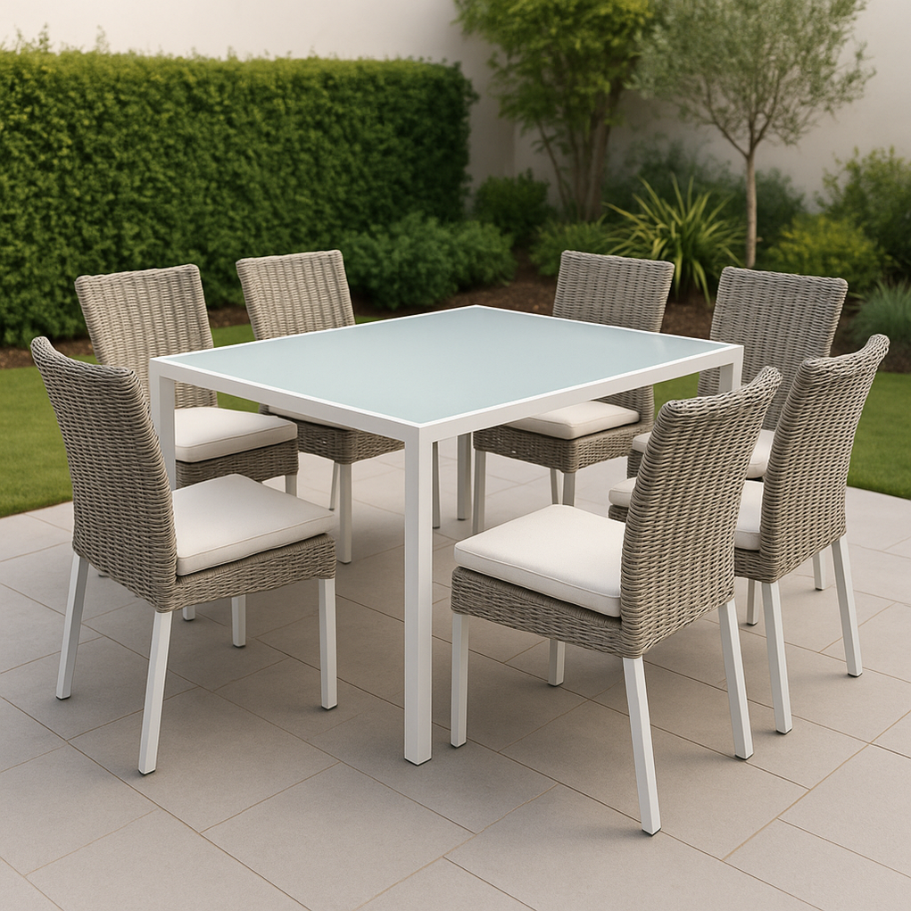 Ensemble table et chaises de jardin en aluminium, 1 table, 7 chaises, Gris BlaXSRz429ZI