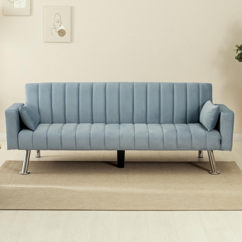 Nalui – Gepolstertes 3-Sitzer-Schlafsofa 210 x 80 x 79 cm, einlagig, 2 Kissen, Klick-Klack-Öffnungsmechanismus mit verstellbarer Rückenlehne. Samt-Chaiselongue-Schlafsofa, umwandelbar in ein Doppelbett | Beige