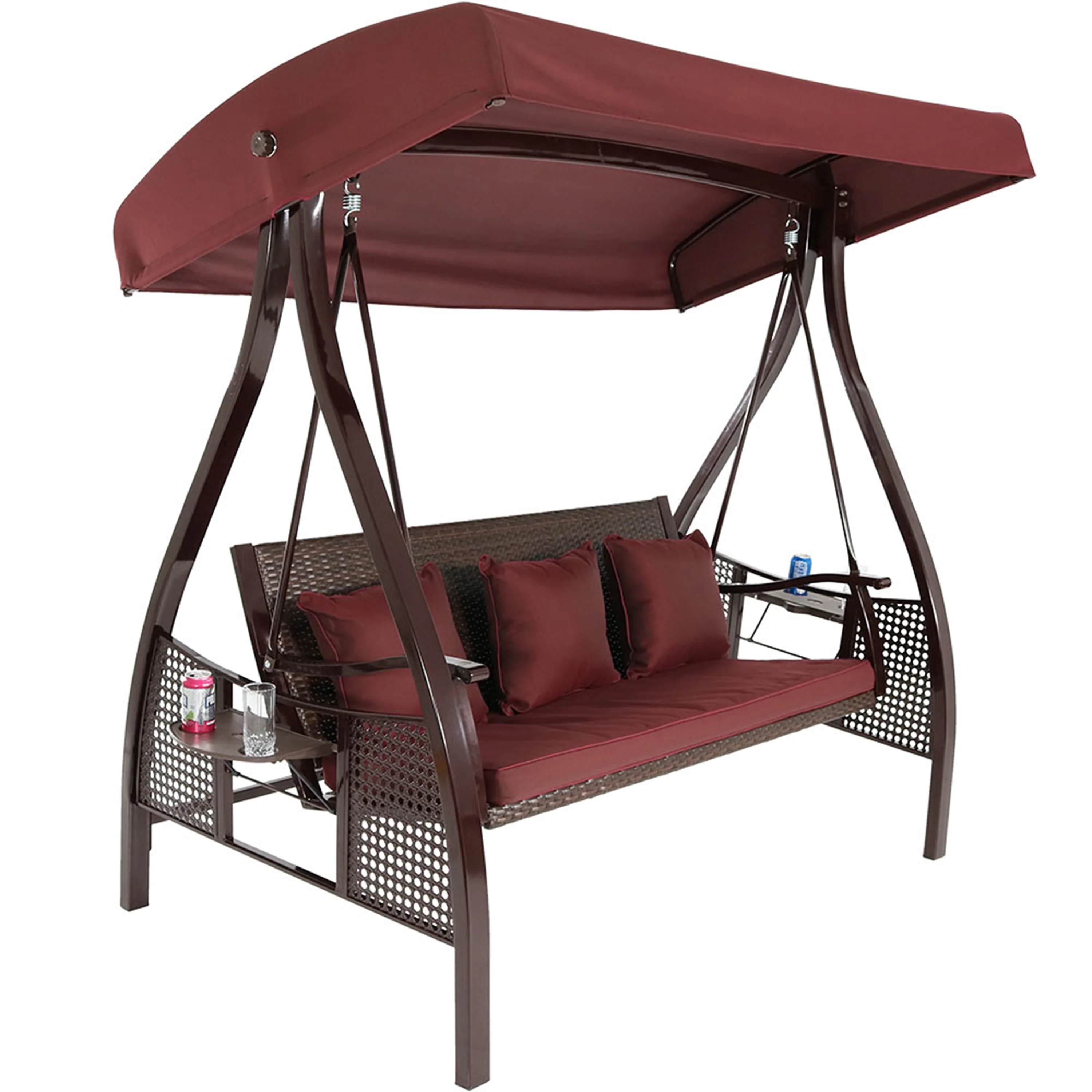 Balançoire de jardin Sunnydaze Deluxe 3 personnes avec auvent et tables d'appoint (modèle 2025)