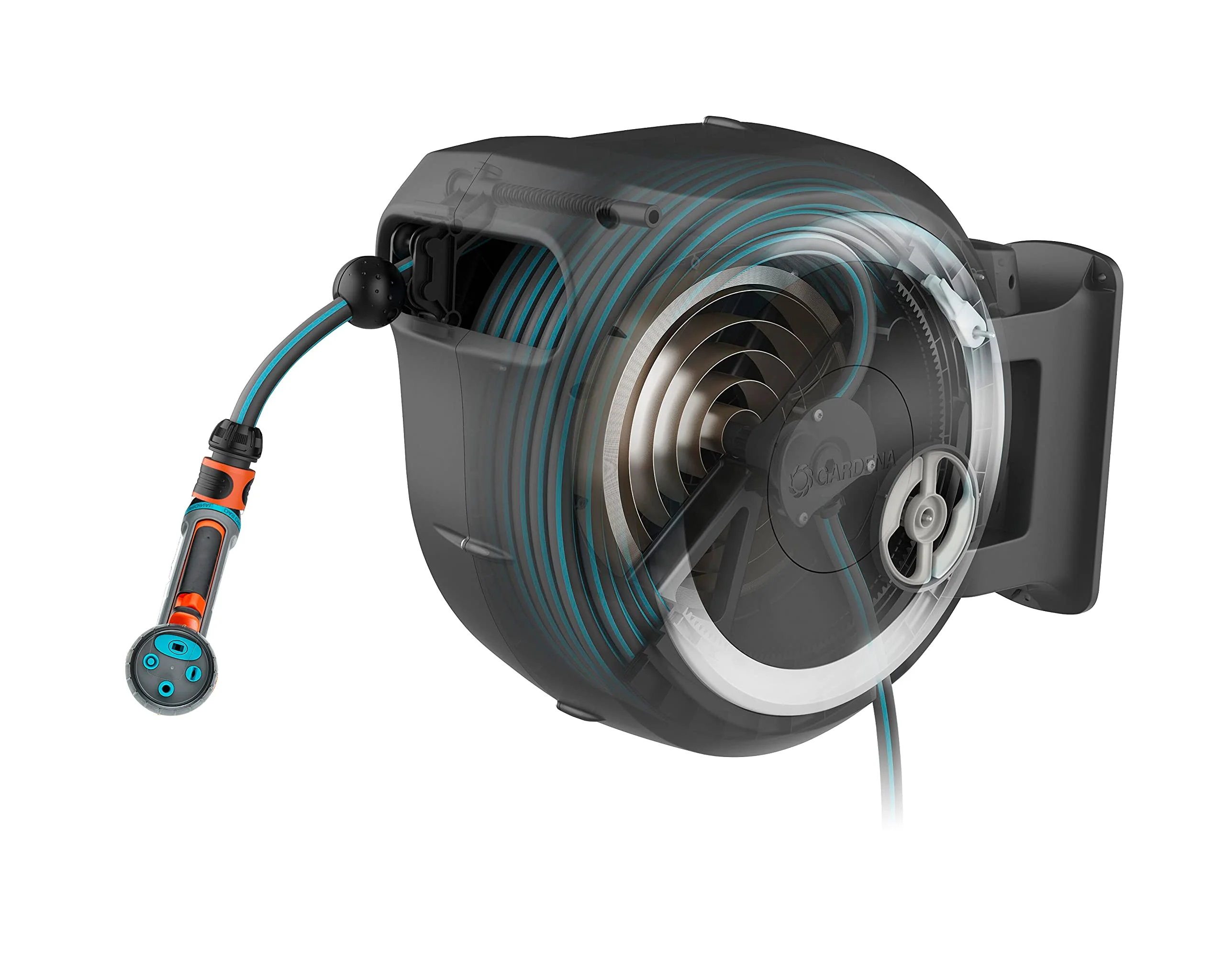 2025 Gardena RollUp L vægmonteret slangeopruller (hvid) 30m med ecoPulse rengøringspistol