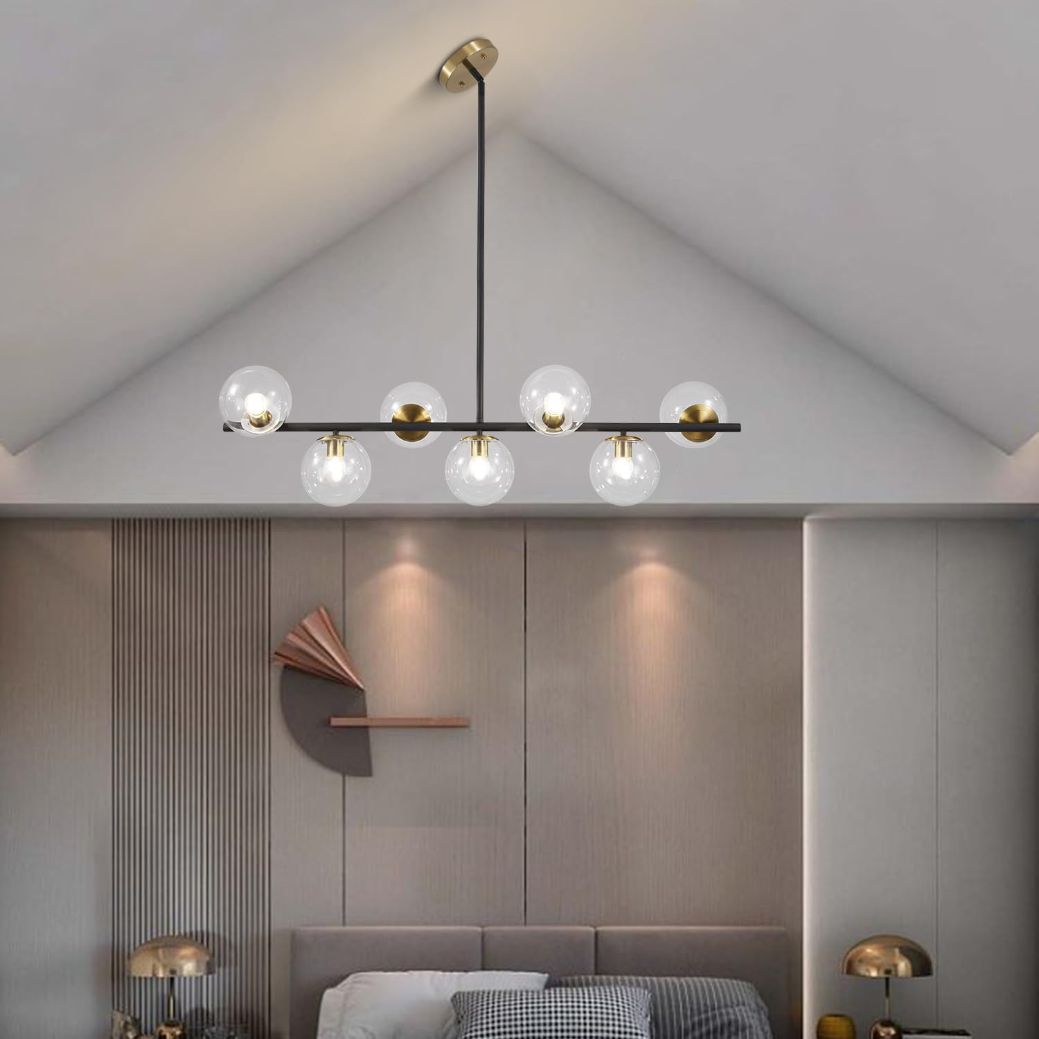 Moderne Esszimmerleuchte von KCO Lighting aus goldfarbenem Metall, Kücheninsel-Pendelleuchte aus weißem Glas, 7-flammig, E27, 80 cm höhenverstellbar