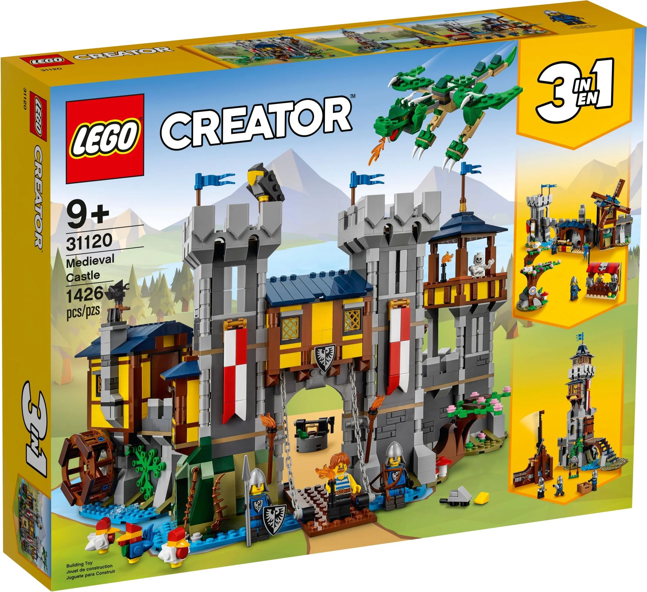 LEGO Creator 3-in-1 Mittelalterliche Burg, Verwandlungsspielzeug von Burg zu Turm zu Marktplatz, inklusive Skelett- und Drachenfiguren, mit 3 Minifiguren und Katapult, 31120