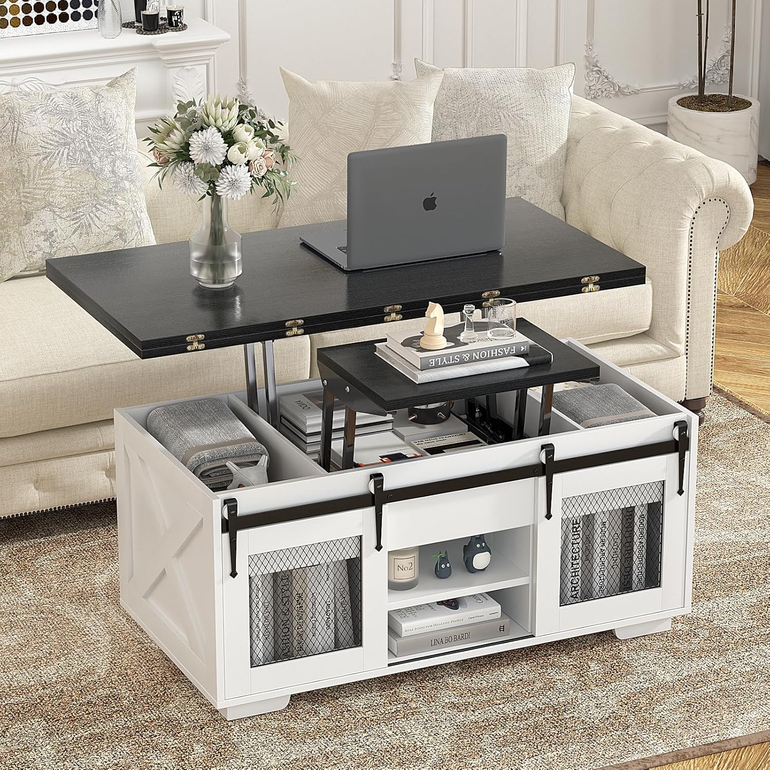 Table basse extensible VOWNER, plateau relevable, multifonctionnelle 3 en 1 avec rangement dissimulé - Salle à manger, convertible, style ferme, noyer