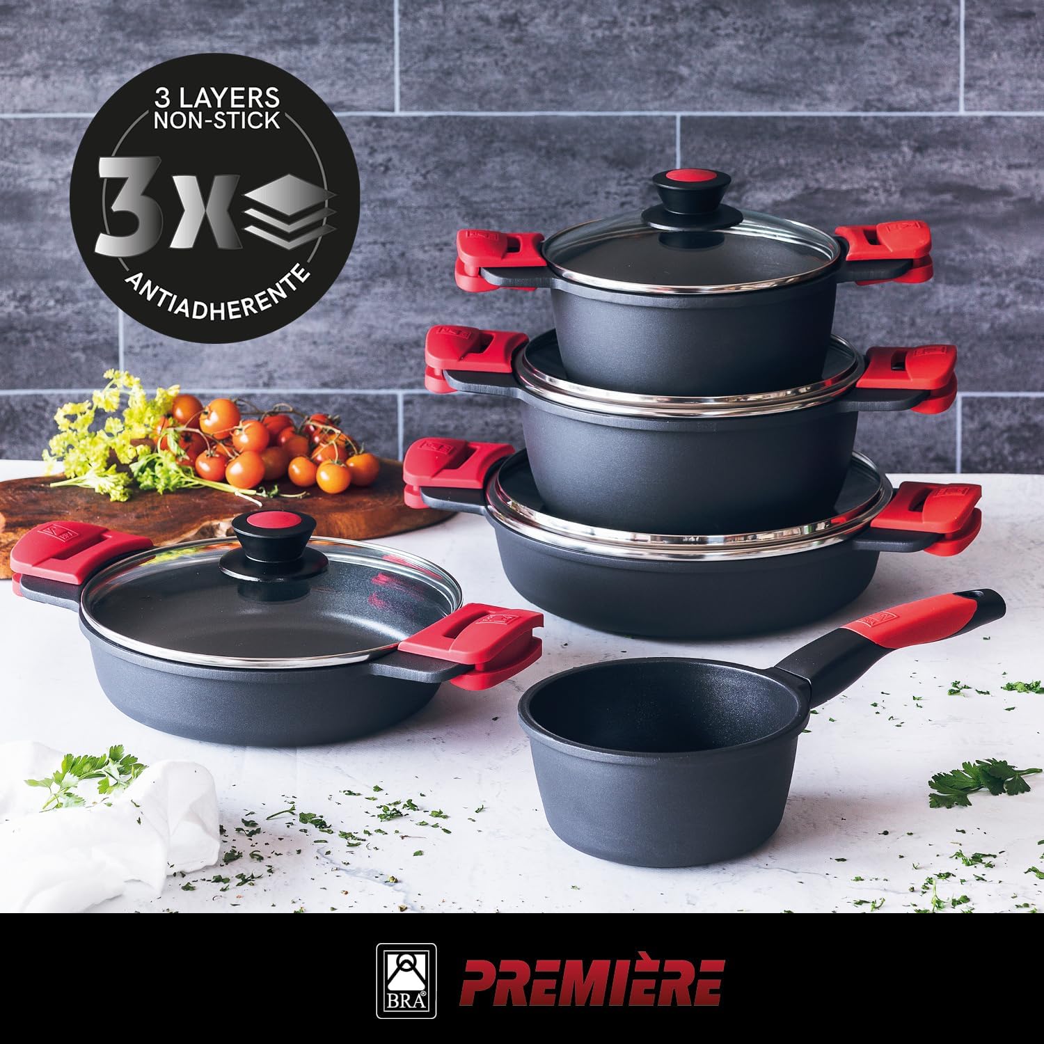 BRA Premiere 9-teiliges Antihaft-Kochgeschirr-Set aus Aluminiumguss, inklusive abnehmbarer Griffe, PFOA-frei, geeignet für alle Herdarten und Backöfen