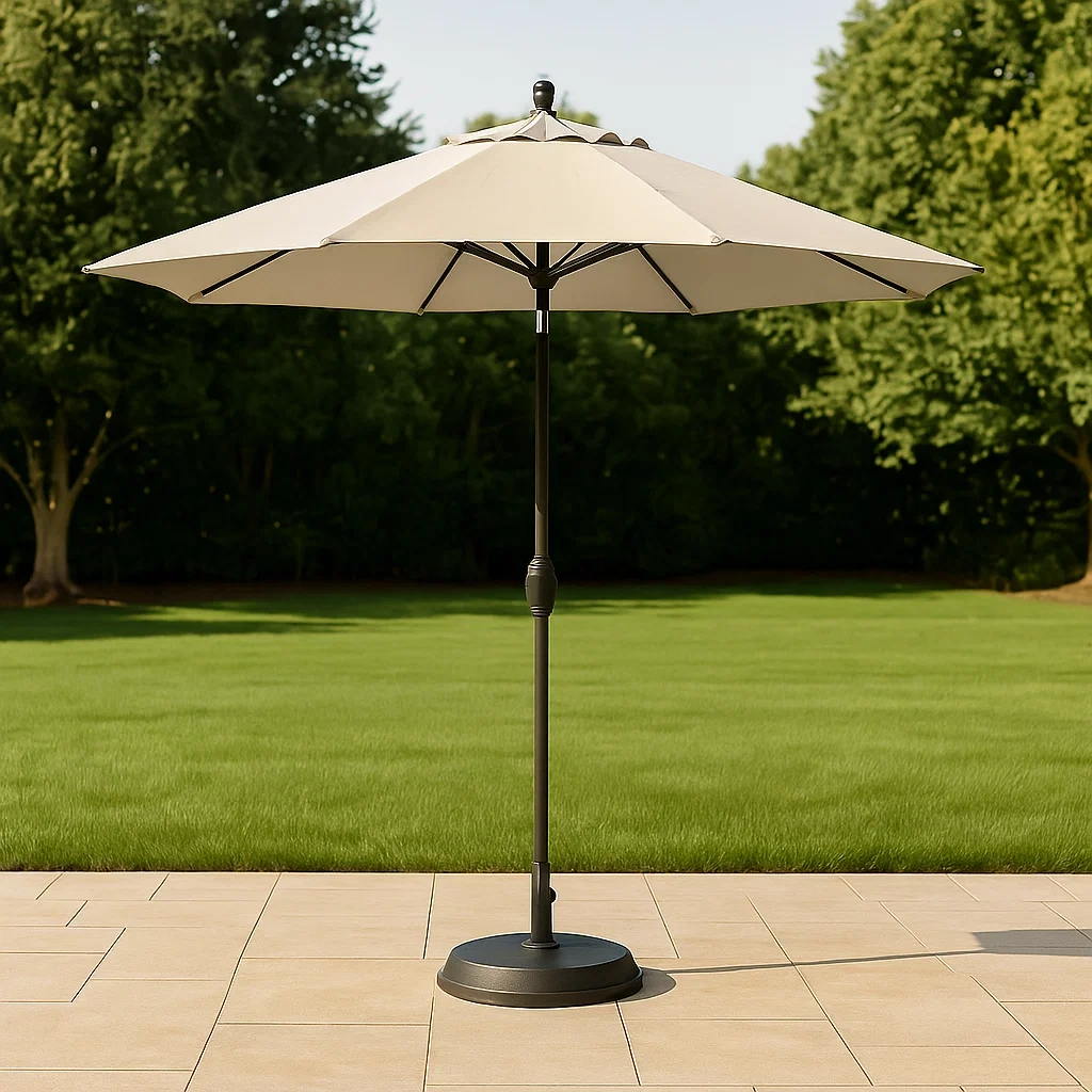 Parasol de terrasse beige, métal et toile, pour usage extérieur, 275 x 275 x 256 cm