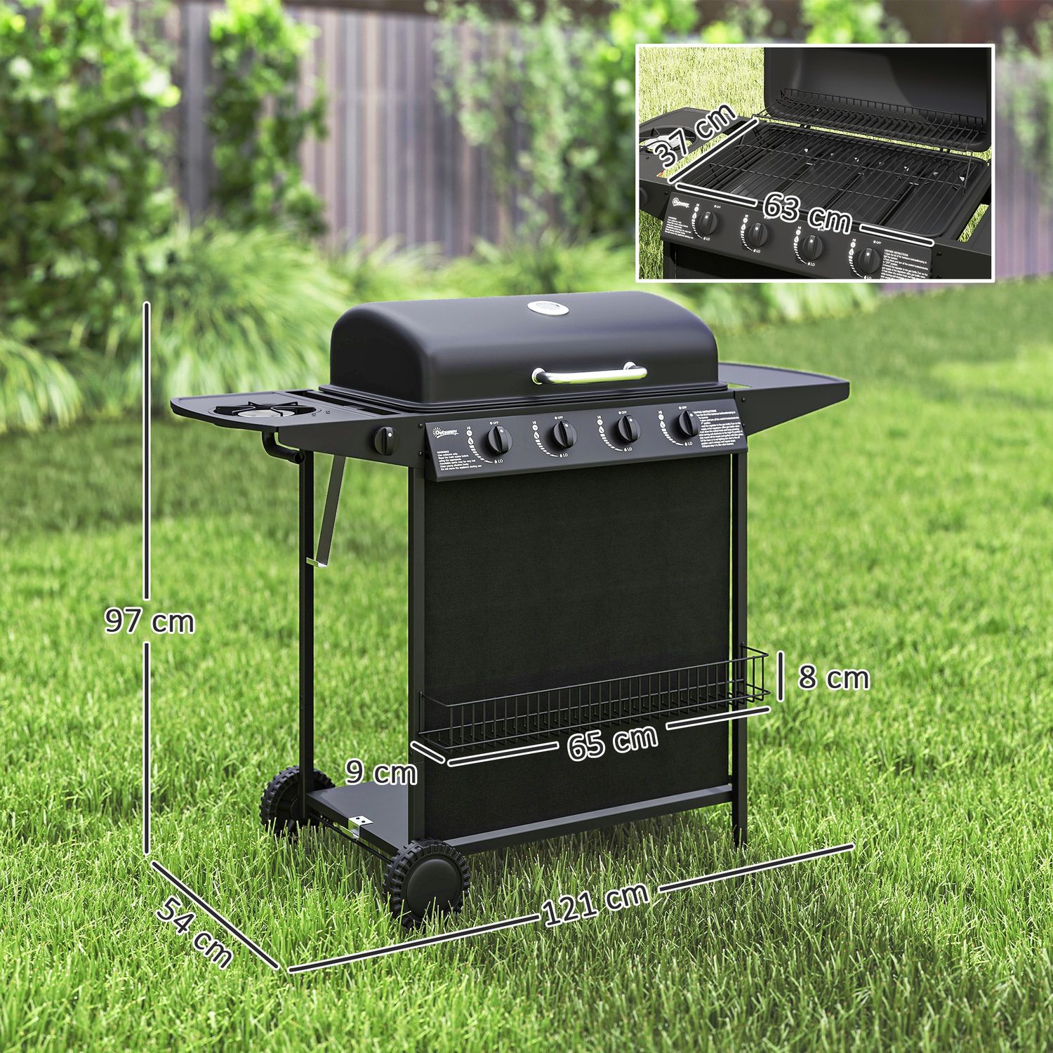Gasgrill aus ABS-Stahl, 121 x 54 x 97 cm – Outsunny. Schwarz.