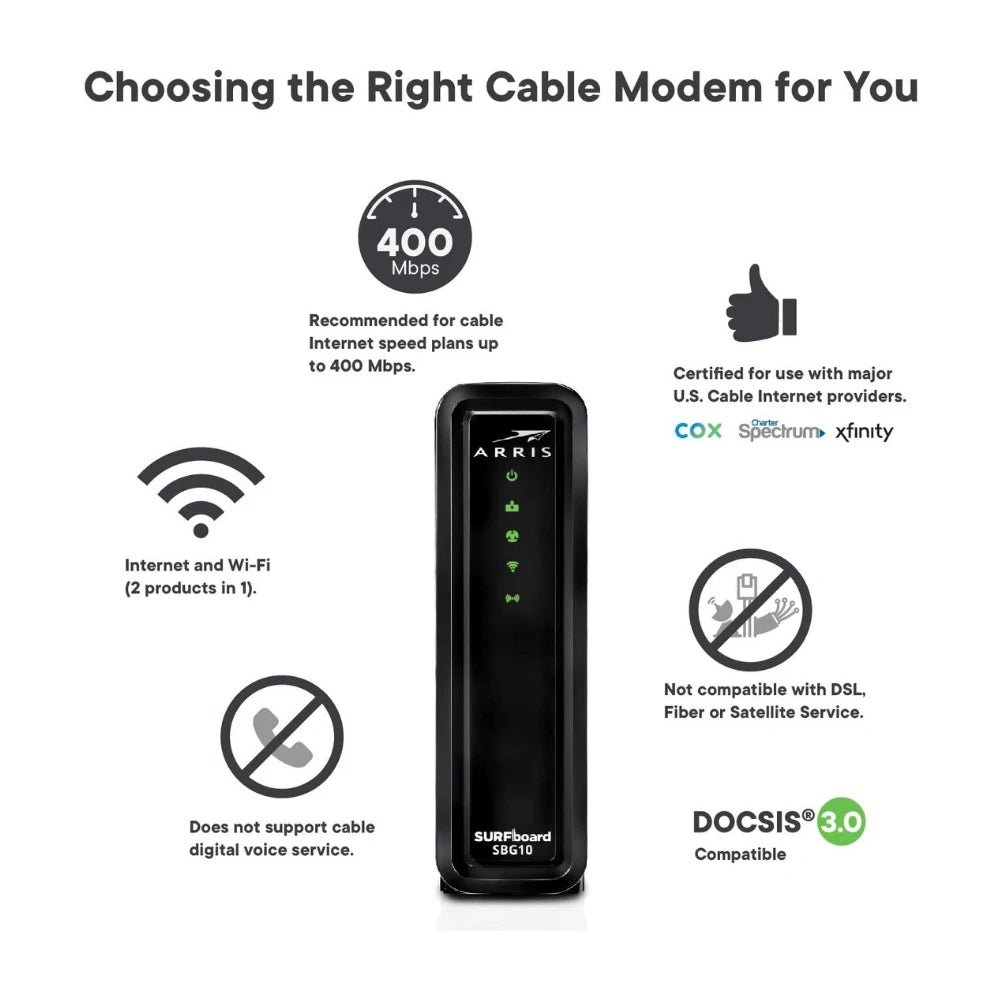Modem câble Arris SURFboard SBG10 DOCSIS 3.0 et routeur Wi-Fi double bande AC1600 (2025)