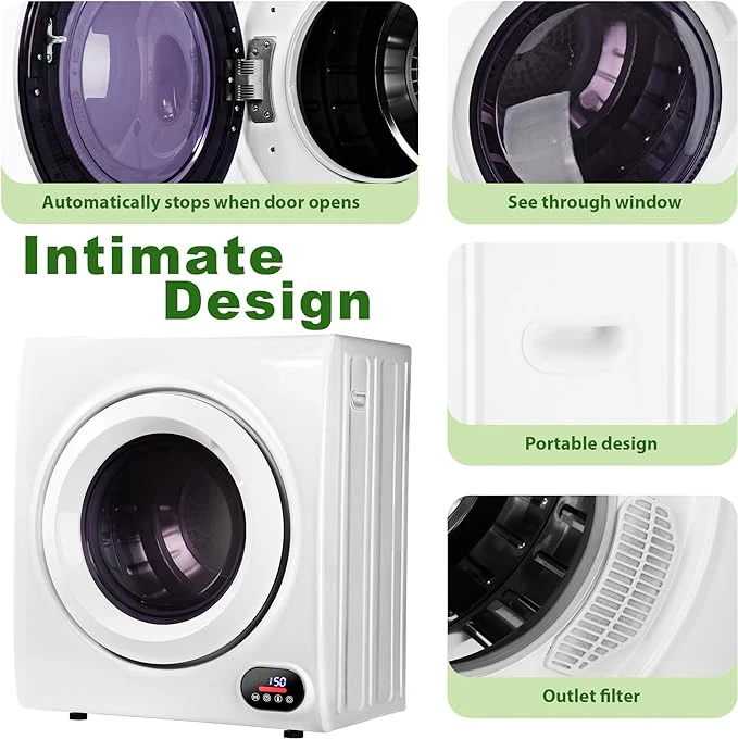 2025 EUHOMY 1400W bærbar tørretumbler med LCD-kontrolpanel og fire funktioner – hvid