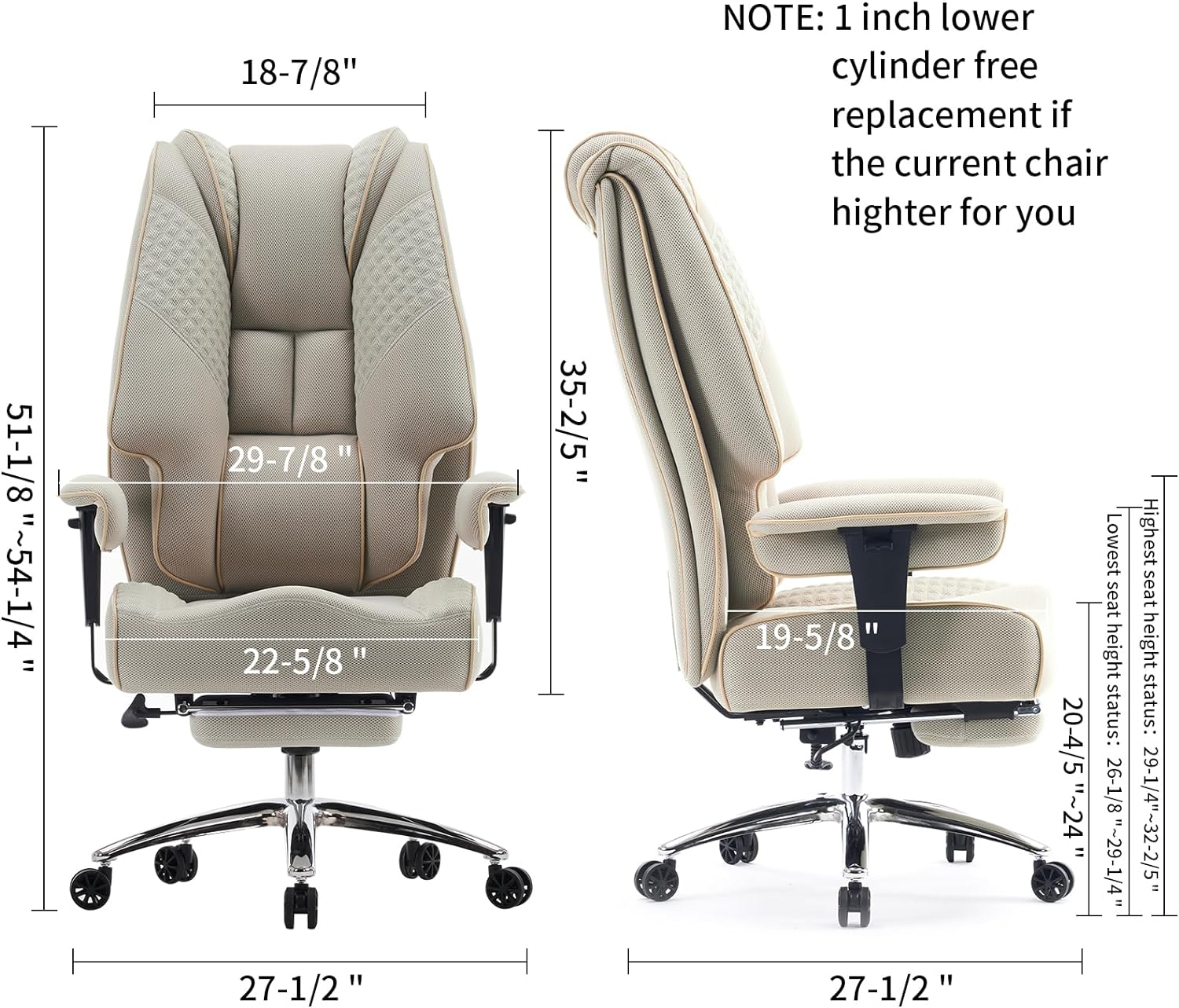 Hoher und breiter Bürostuhl für 181 kg, Chefsessel aus Leder mit hoher Rückenlehne und Fußstütze, ergonomischer Stuhl mit Lendenwirbelstütze zur Linderung von Rückenschmerzen (Beige)