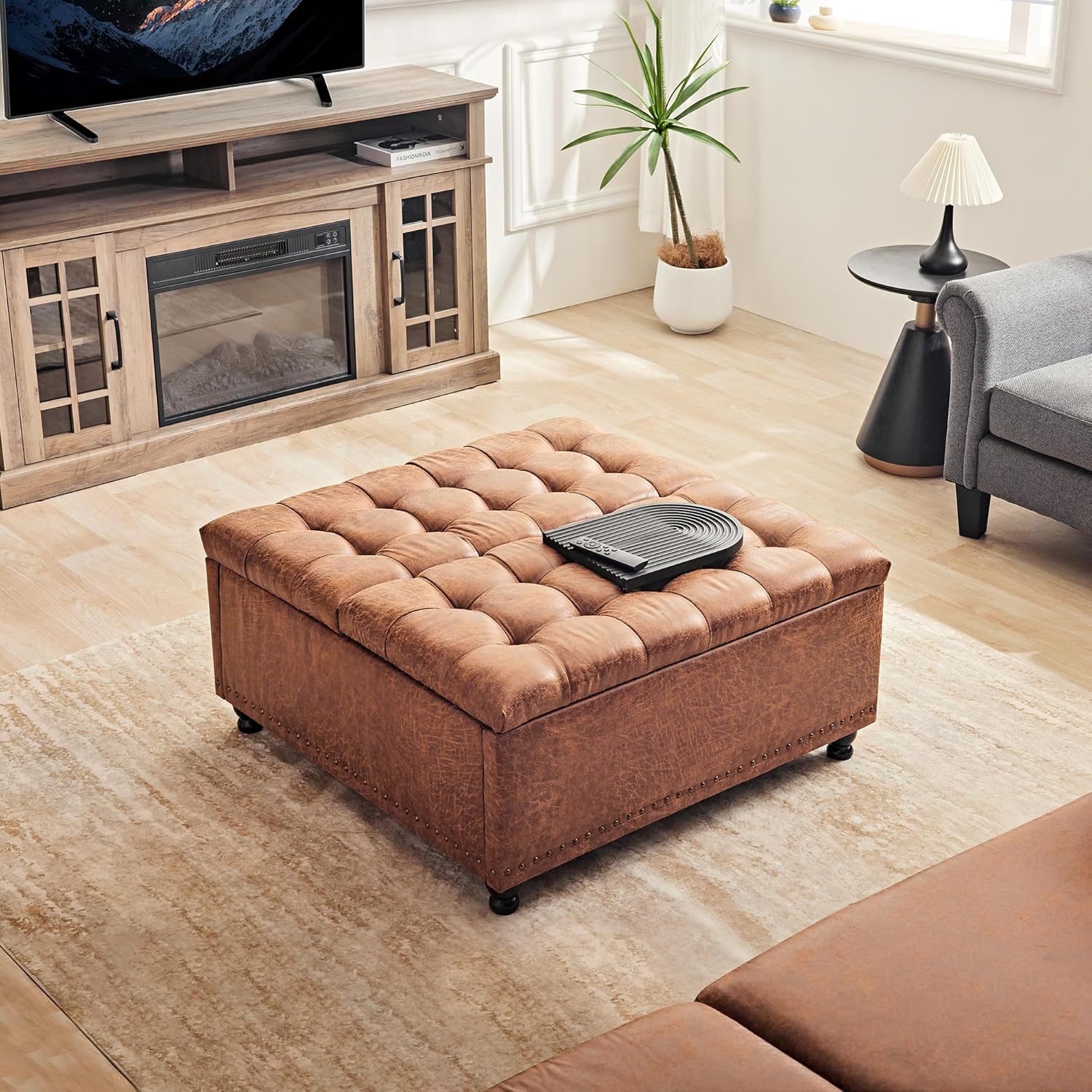 Pouf de rangement Redlife, table basse avec pouf de rangement, grand repose-pieds de salon de 90 cm, pouf rembourré avec rangement pour salon (marron)