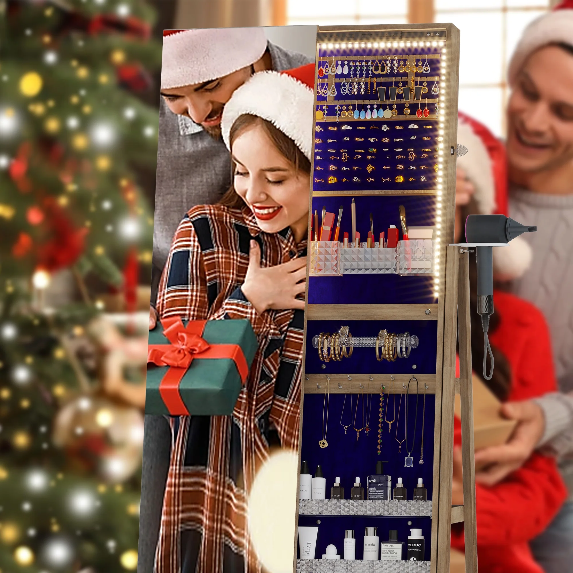 360° roterende smykkeskrin med spejl, LED-lys og lås – brun