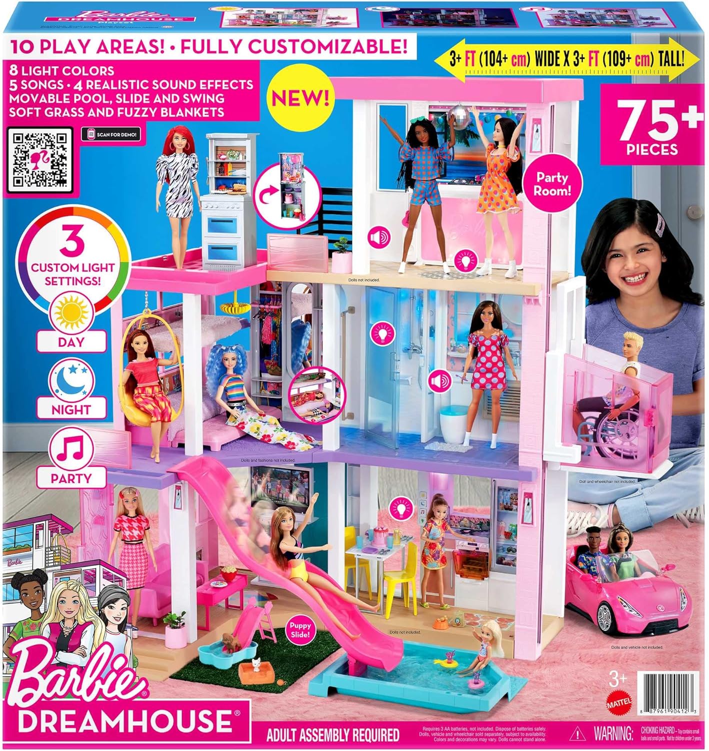Barbie Traumhaus Puppenhaus – mit Pool, Rutsche und Aufzug – mit Licht und Sound – über 75 Teile – 104 x 109 cm – Geschenk für Kinder von 3–7 Jahren, GRG93