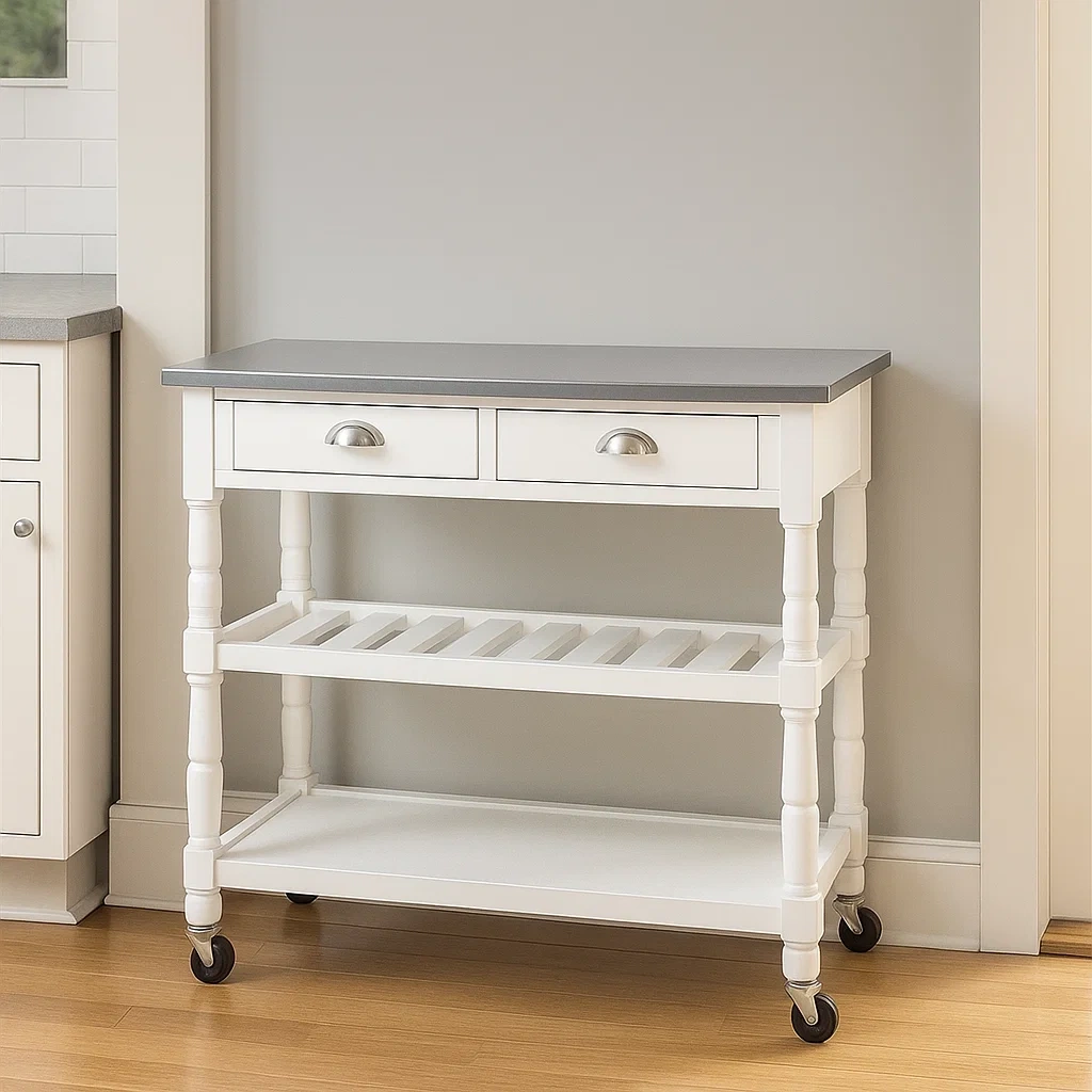 Chariot de cuisine blanc en bois et acier, 114 x 52 x 90 cm