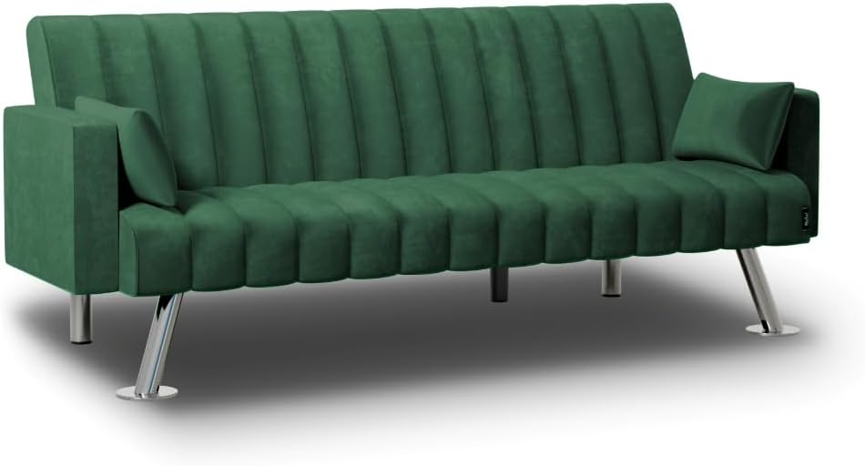 Nalui – Gepolstertes 3-Sitzer-Schlafsofa 210 x 80 x 79 cm, einlagig, 2 Kissen, Klick-Klack-Öffnungsmechanismus mit verstellbarer Rückenlehne. Samt-Chaiselongue-Schlafsofa, umwandelbar in ein Doppelbett | Beige