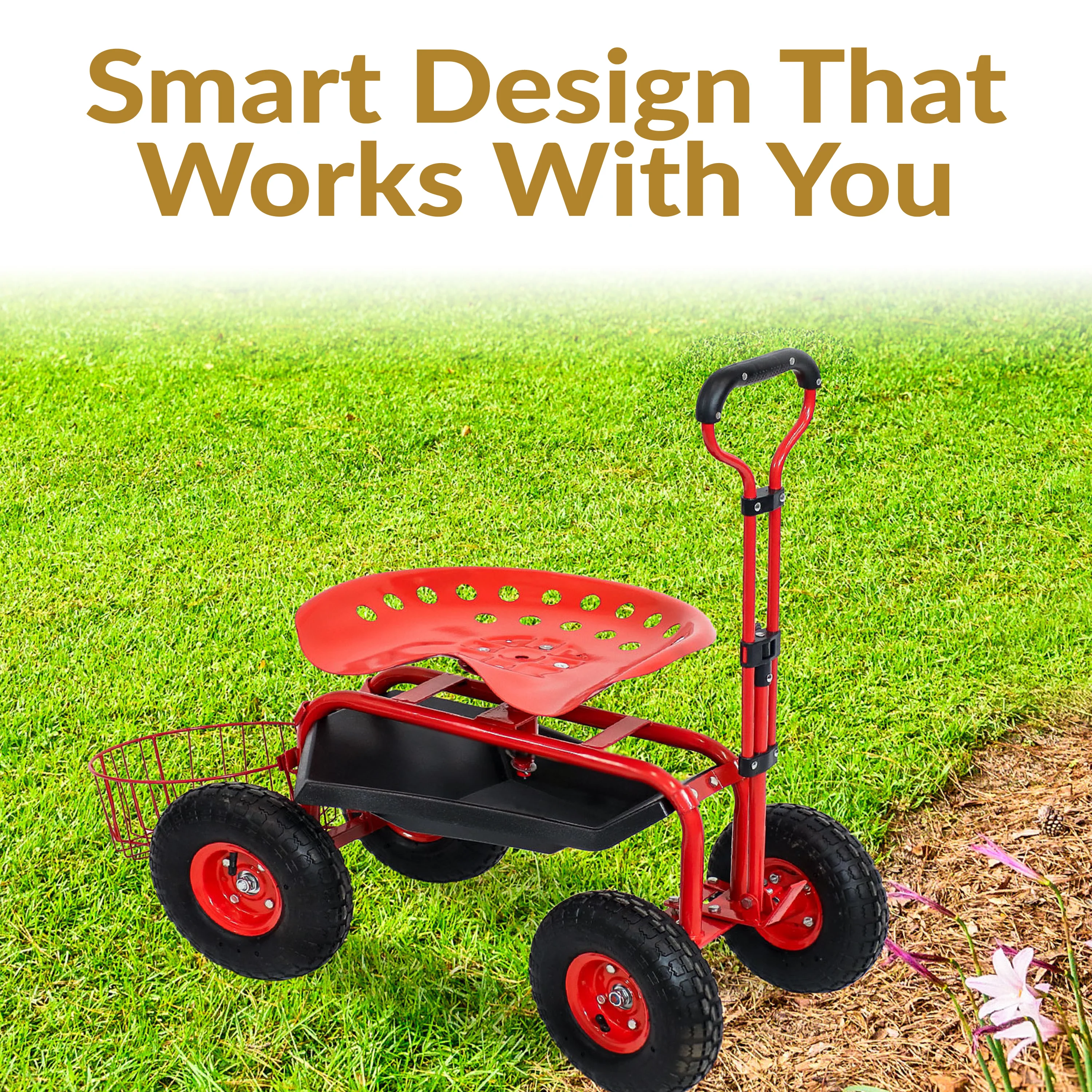 Chariot de jardin roulant Sunnydaze 2025 avec siège pivotant, guidon et panier