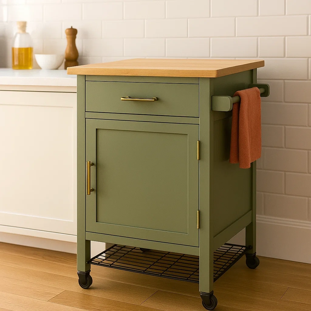 Îlot de cuisine sur roulettes, en bois et métal, couleur verte, avec 1 tiroir et 1 porte, dimensions 60 x 40 x 85 cm, pour le rangement de la cuisine - fLlnizLbuw9k