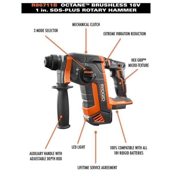 RIDGID 2025 Akku-Bohrhammer, bürstenlos, 18 Volt, OCTANE SDS-Plus, 1 Zoll (nur Gerät) R86711B