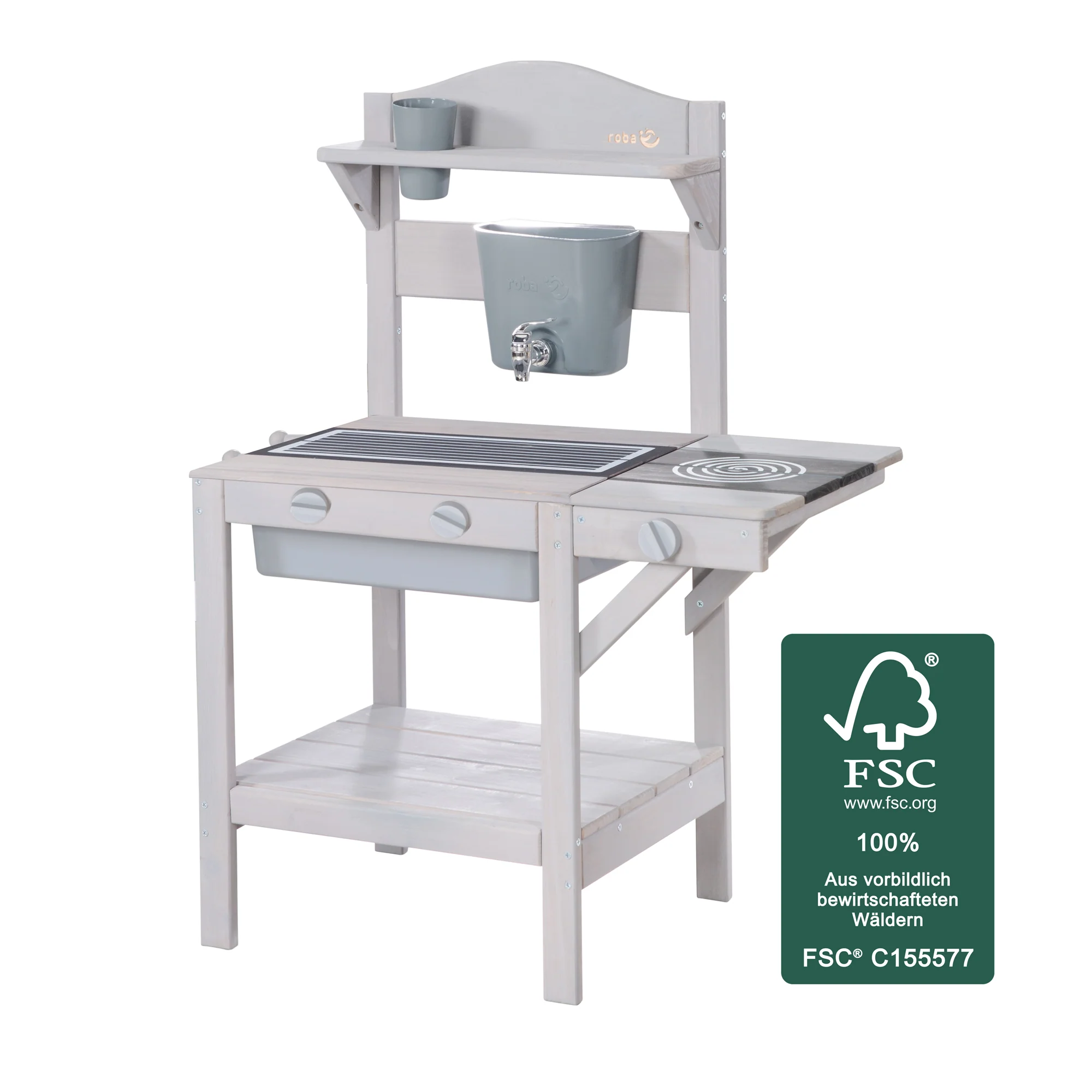 Udendørs legekøkken med tilbehør – FSC-certificeret træ – Graveret grå finish