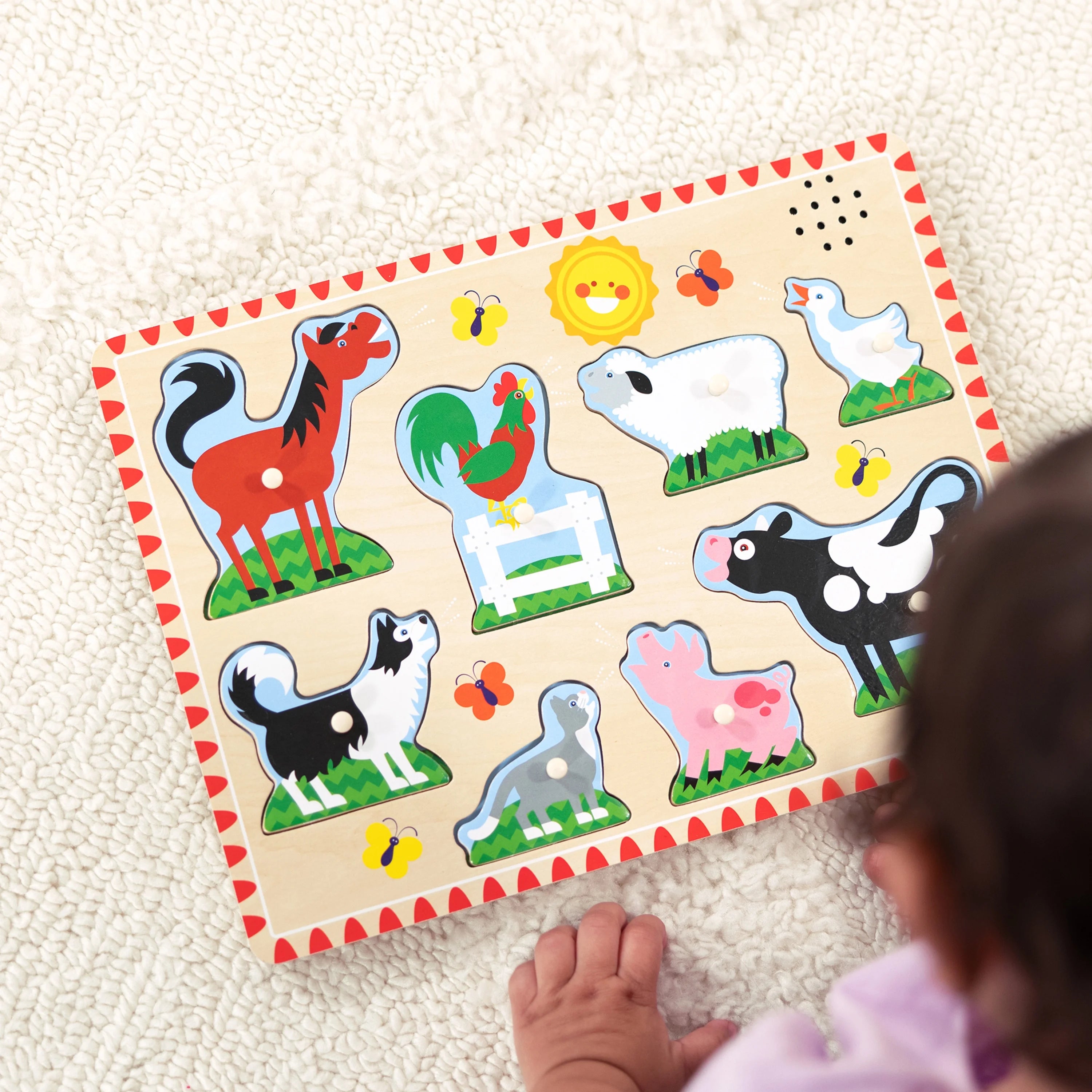 Melissa & Doug Bauernhof-Tiergeräuschpuzzle – Holzpuzzle mit Steckverbindungen und Soundeffekten (8 Teile)