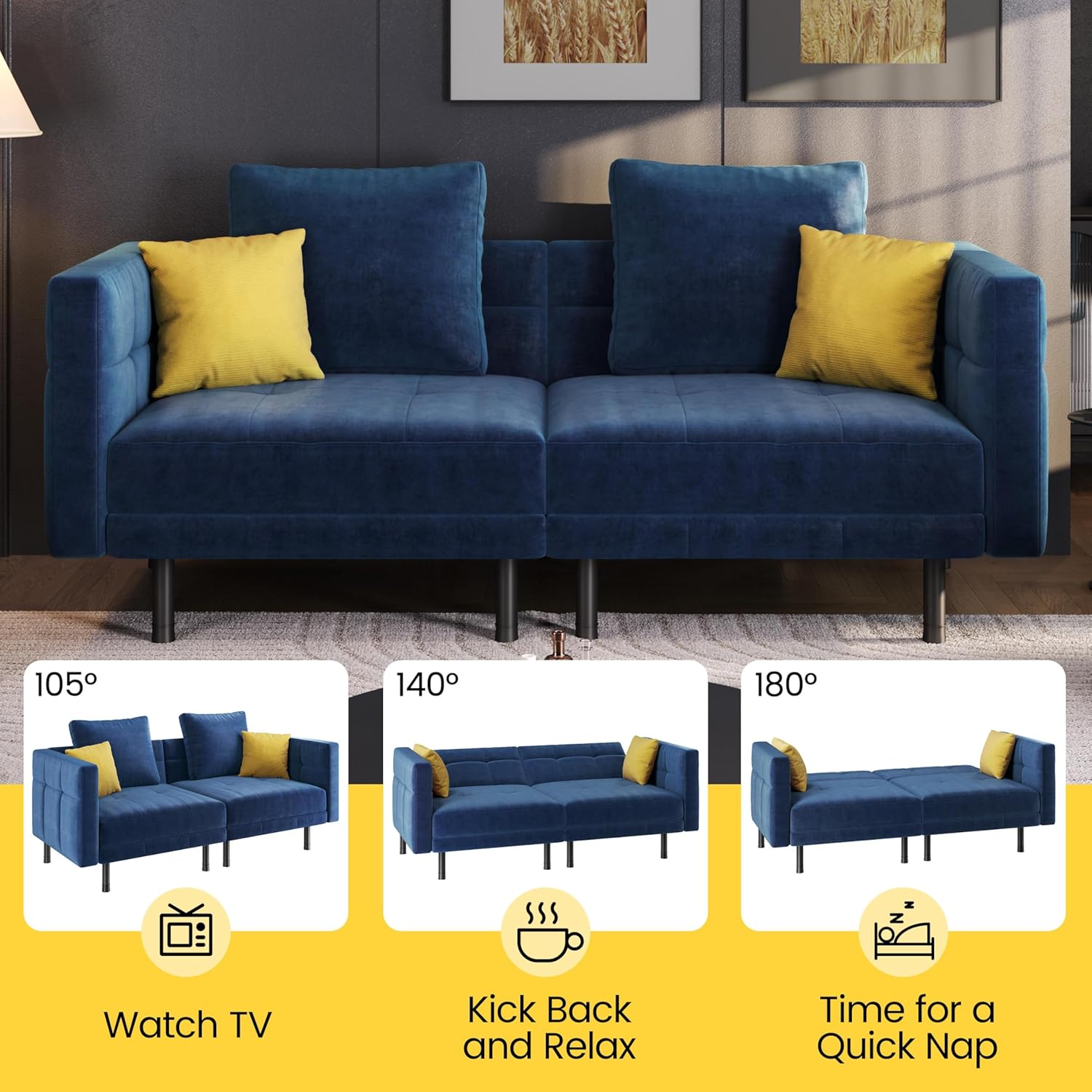 Yaheetech 2-personers fløjlssovesofa, konvertibel sofa 171x80x72cm med 4 puder, sofa med justerbare armlæn og ryglæn til stue, soveværelse og arbejdsværelse, grå