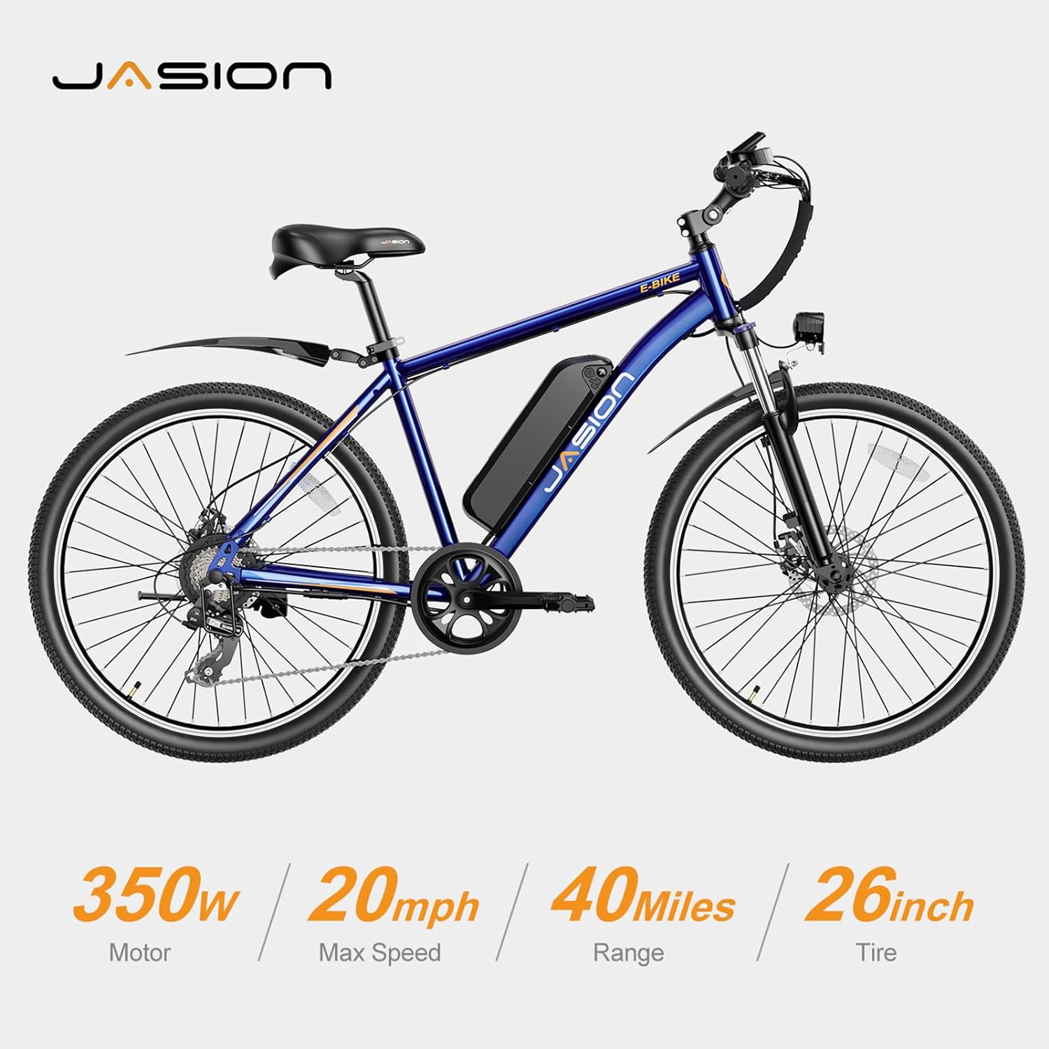 Vélo électrique Jasion EB5 pour adultes avec batterie amovible de 360 ​​Wh, 64 km, 32 km/h, VTT électrique de ville avec moteur de 350 W, 7 vitesses, pneus de 26 pouces et suspension avant.