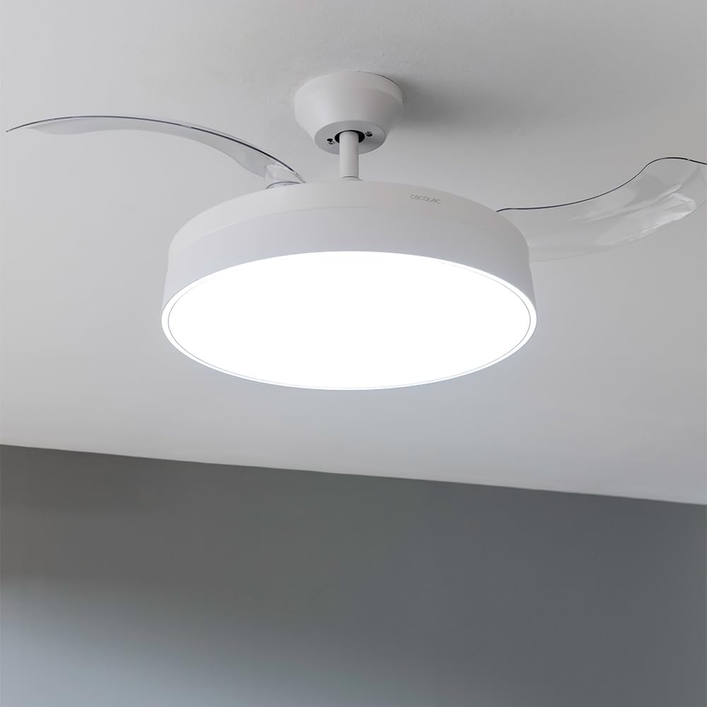 Ventilateur de plafond Cecotec à pales rétractables et lampe invisible EnergySilence Aero 4280 en acier, 40 W, diamètre 42 pouces (106 cm), minuterie, 3 tons lumineux, fonction été-hiver