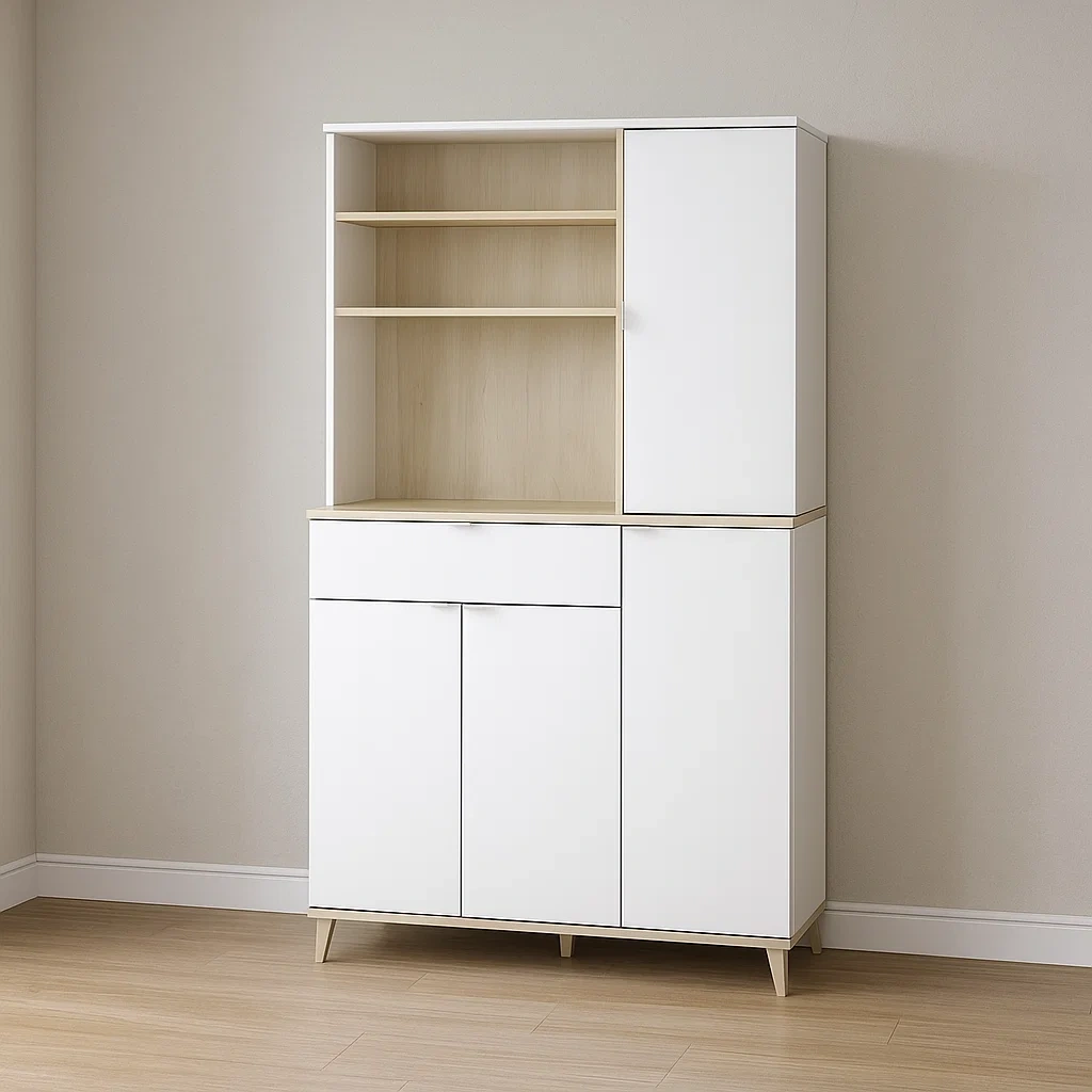 Buffet de cuisine - Blanc et coloris naturel clair - Mélaminé - Intérieur - 119,3 cm x 40 cm x 188,6 cm - ahEbNUseL8wh