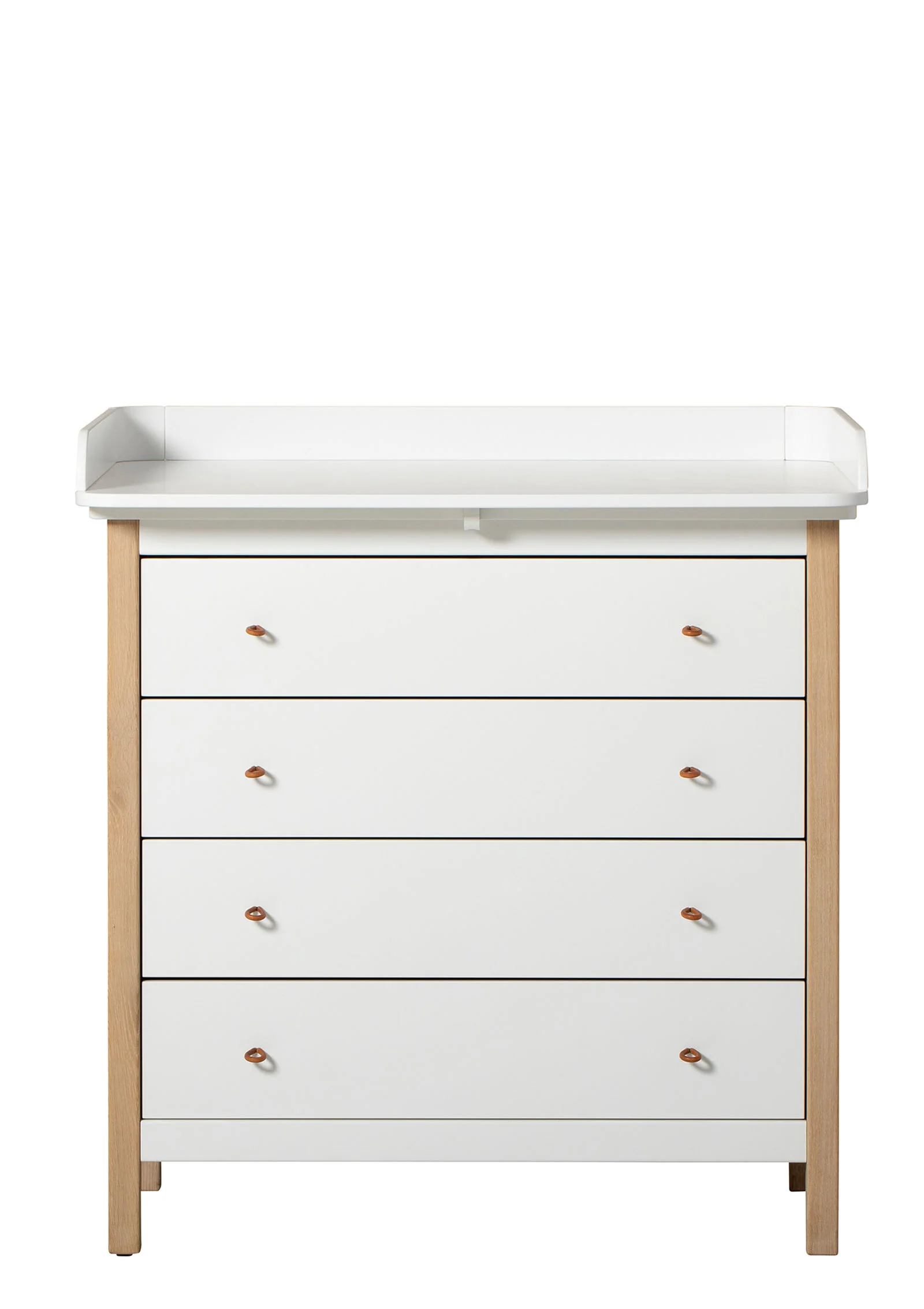 2025 'Træ' kommode med puslebord og 4 skuffer. Hvid/eg