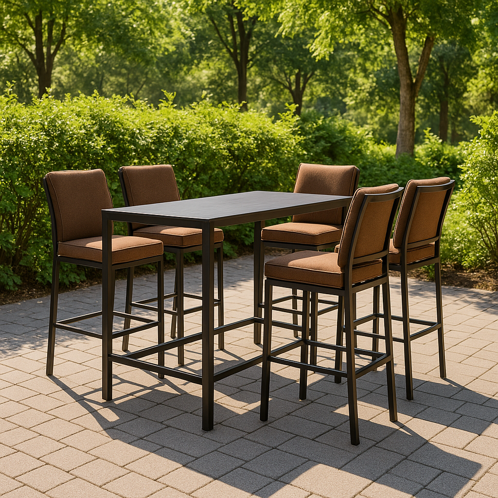 Table haute de bar de jardin avec chaises, métal et tissu marron et noir, extérieur, 160 × 80 × 105 cm