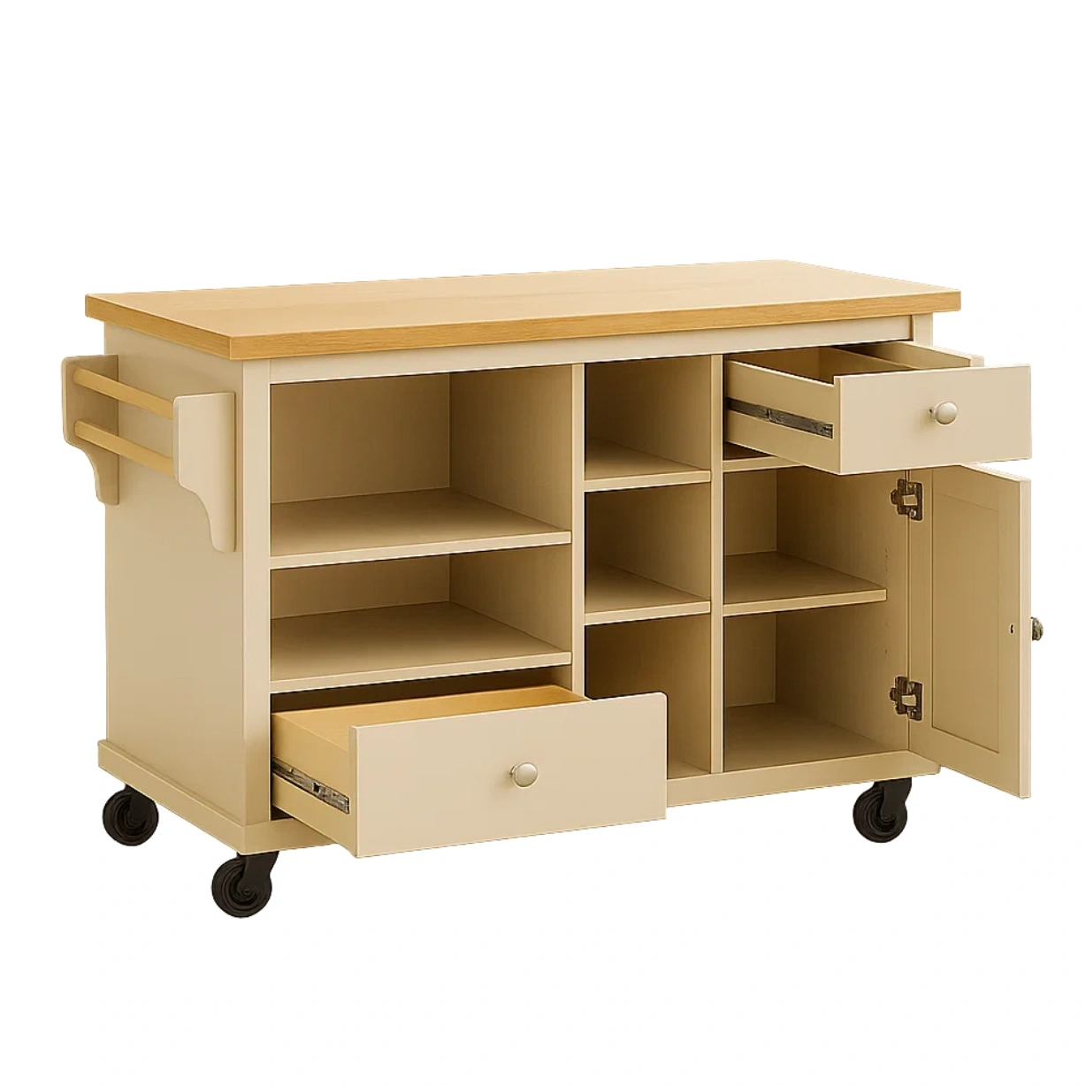 Îlot de cuisine rectangulaire en MDF beige avec plan de travail en bois clair, sur roulettes, étagères, tiroirs et placard, 115 x 46 x 90 cm, pour usage domestique - oxrFvirr7toA