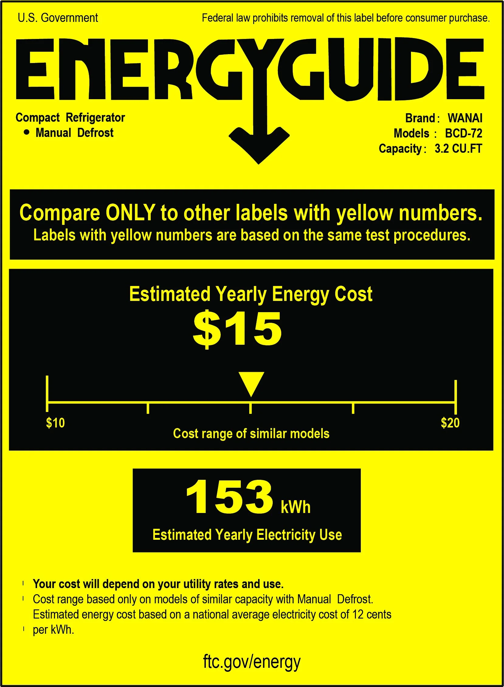 WANAI Minikøleskab. 3,5 kubikfod. Dobbeltdør med fryser. Gul