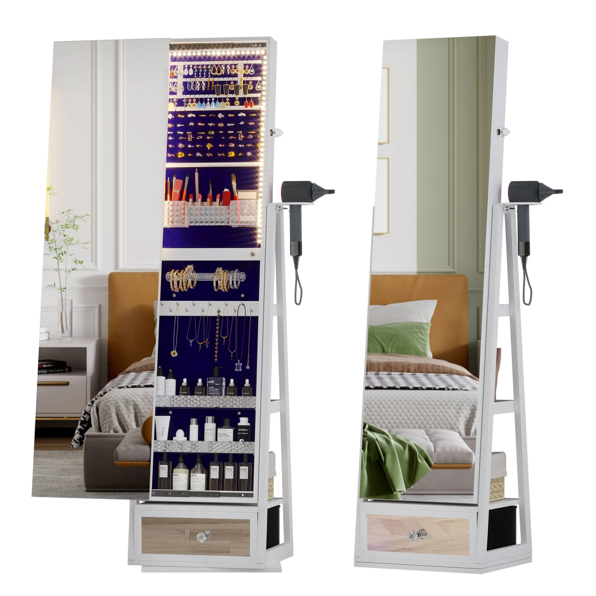 LVSOMT 360° roterende smykkeskrin med lys - fritstående organizer med spejl i fuld længde, lås og rigelig opbevaringsplads - hvid