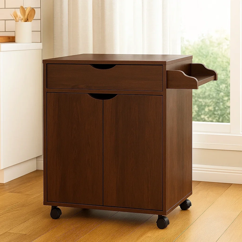 Îlot de cuisine compact à roulettes avec tiroir, en MDF brun foncé, autoportant, 60 x 40 x 85 cm, pour usage domestique. - 5rkcTkLbbY3A