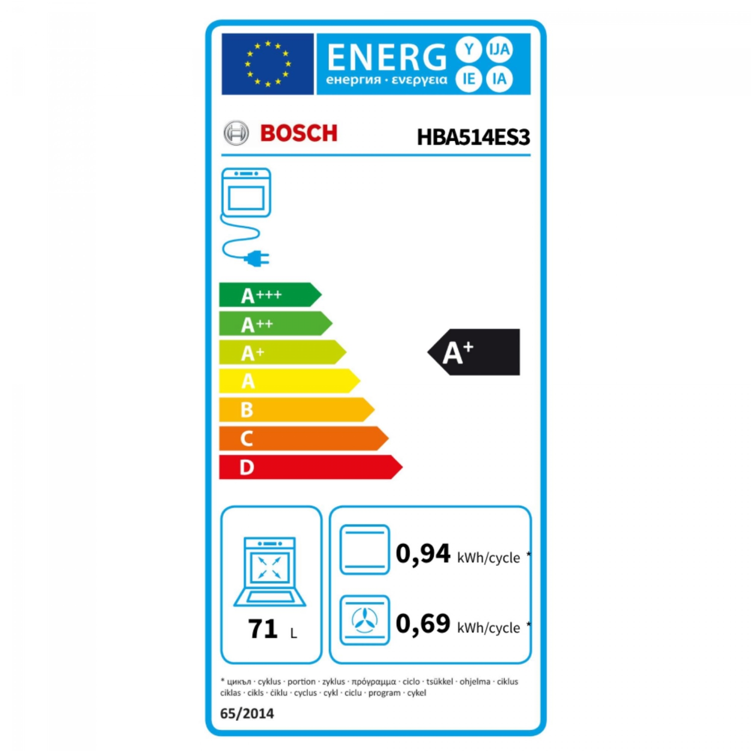 Bosch HBA514ES3 Multifunktionsbackofen, 3400 W, 71 l, Klapptür, 7 Kochfunktionen, Energieeffizienzklasse A+ – Edelstahl